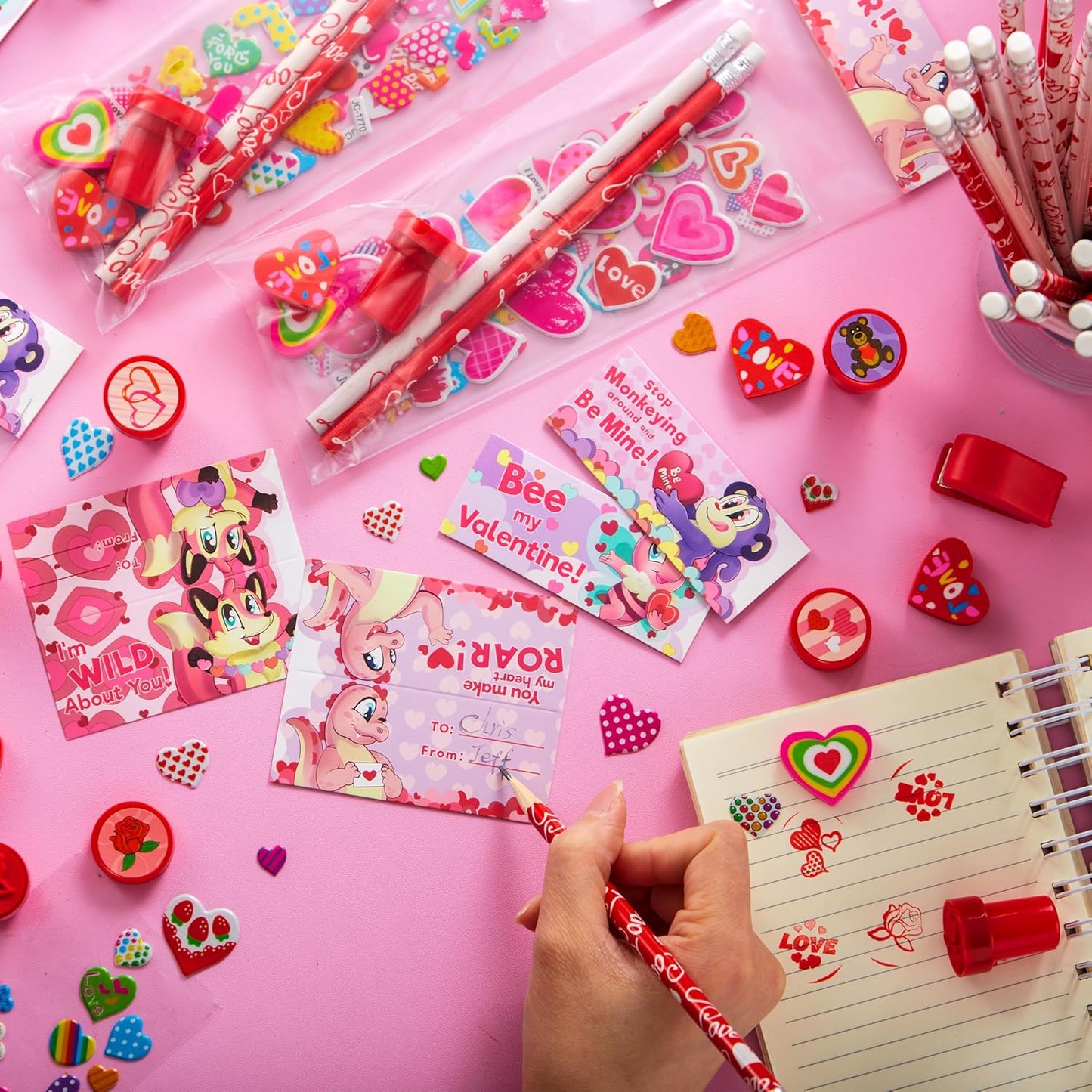 28 Pack Valentines Day Stationery Kids Gift Set for School Classmates Exchange, Party Favor, Includes Pencils, Erasers, Stamper, Stickers