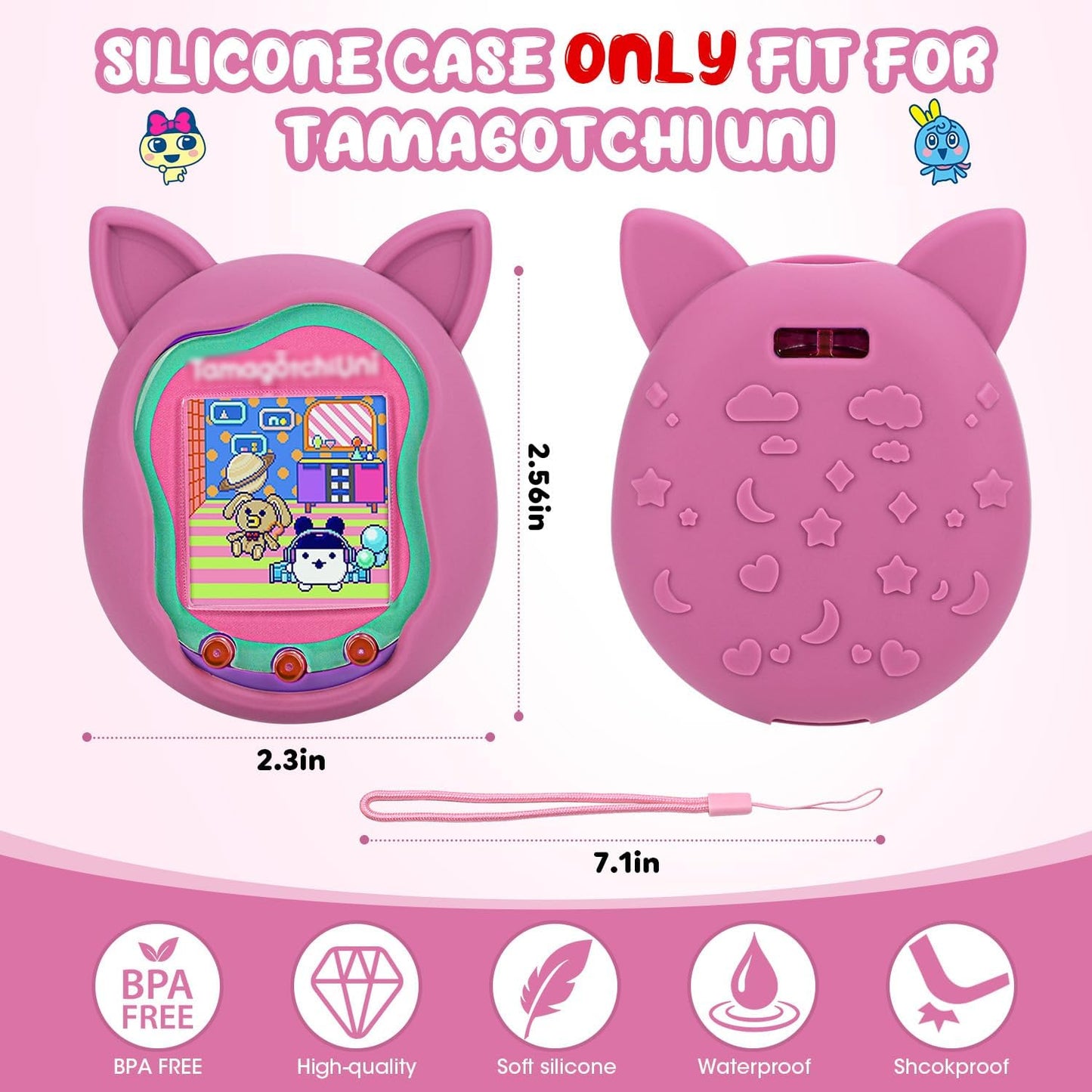 2Pack Silicone Case for Tamagotchi Uni, Protective Cover for Tamagotchi Uni Protector Skin with Hand Strap (Pink+Purple) ZOUSA