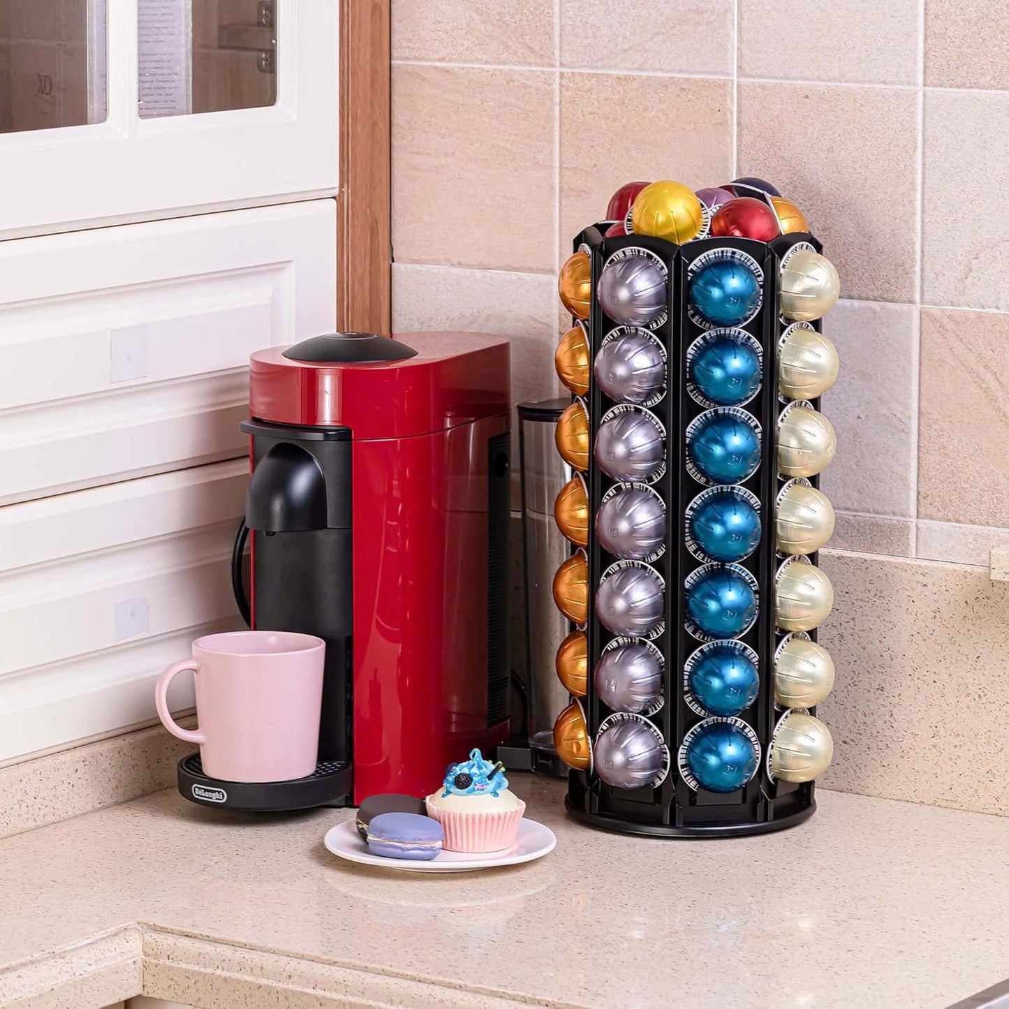 Vertuo Pod Holder Carousel Stand for Nespresso Vertuo Capsule Storage Organizer with Extra Space for Coffee Mate Silent Rolling (Vertuo 80+ Pod Storage)