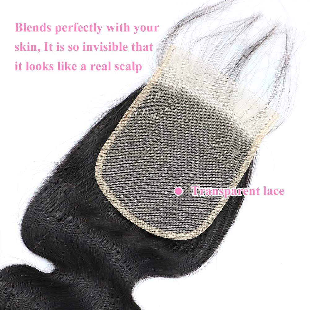 5X5 Transparent HD Lace Closure Only Body Wave Hair Closure Invisible Lace 12A Brazilian Virgin Remy Human Hair Frontal Closure 100% Human Hair Extensions Pre Plucked Natural Black 14 Inch