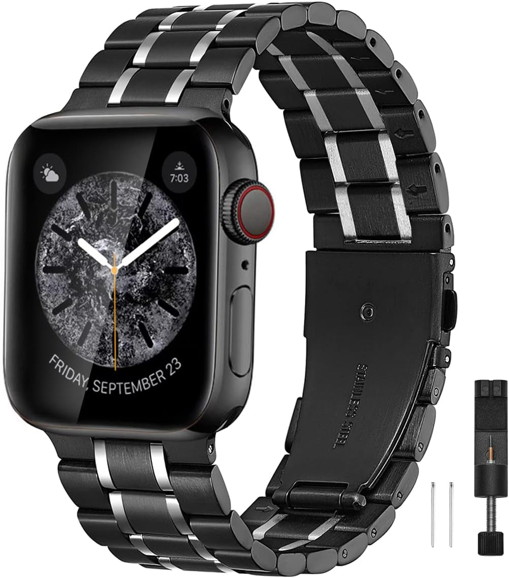 Compatible for Apple Watch Band 42Mm 44Mm 45Mm 49Mm, Stainless Steel Metal Replacement Sport Business Wristband Bracelet Strap for Iwatch Series Ultra 8 7 6 SE 5 4 3 2 1 (Black/Silver)