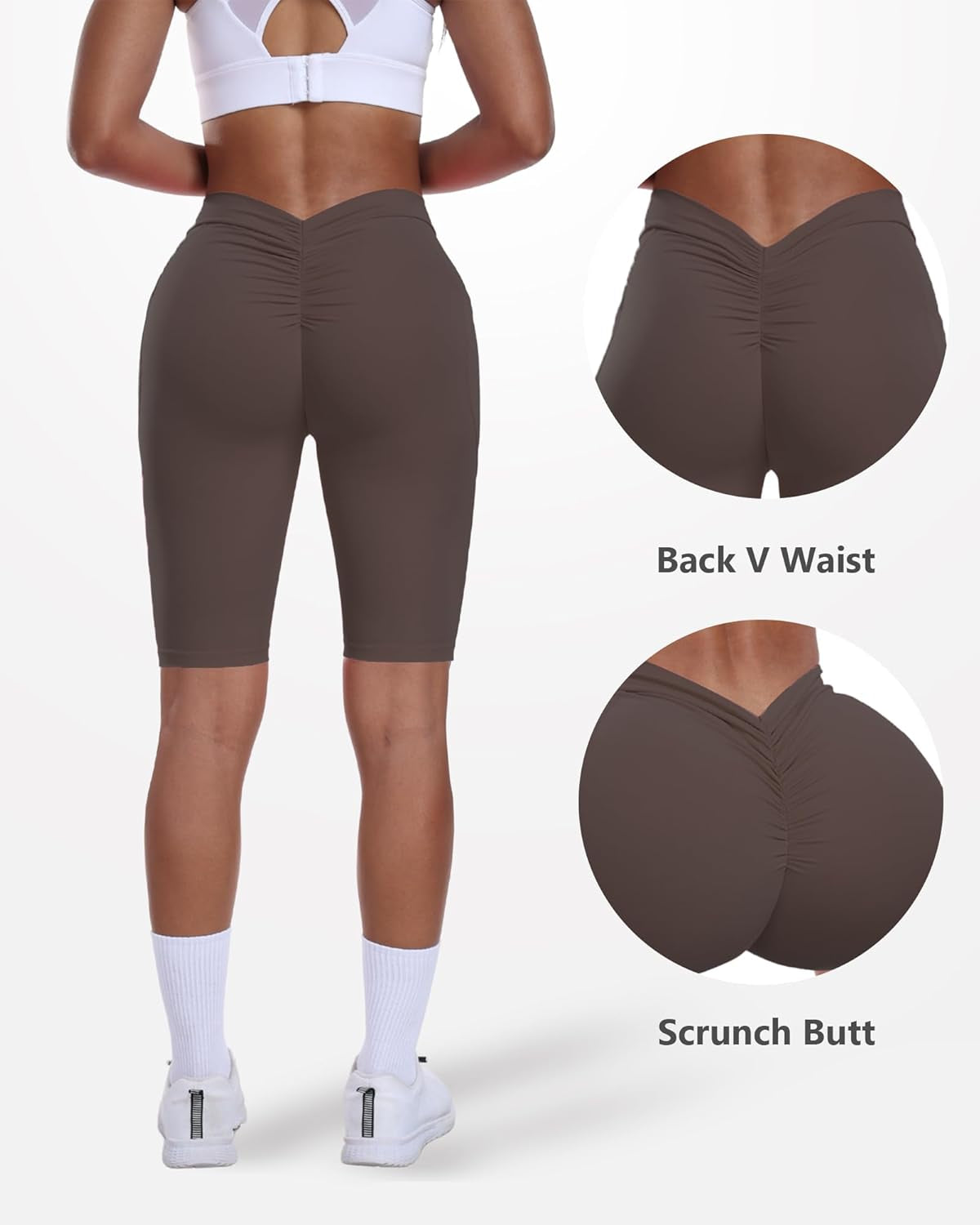 V Back Biker Shorts with Pockets Scrunch Butt Lifting Shorts for Women Athletic Gym Yoga Booty Shorts