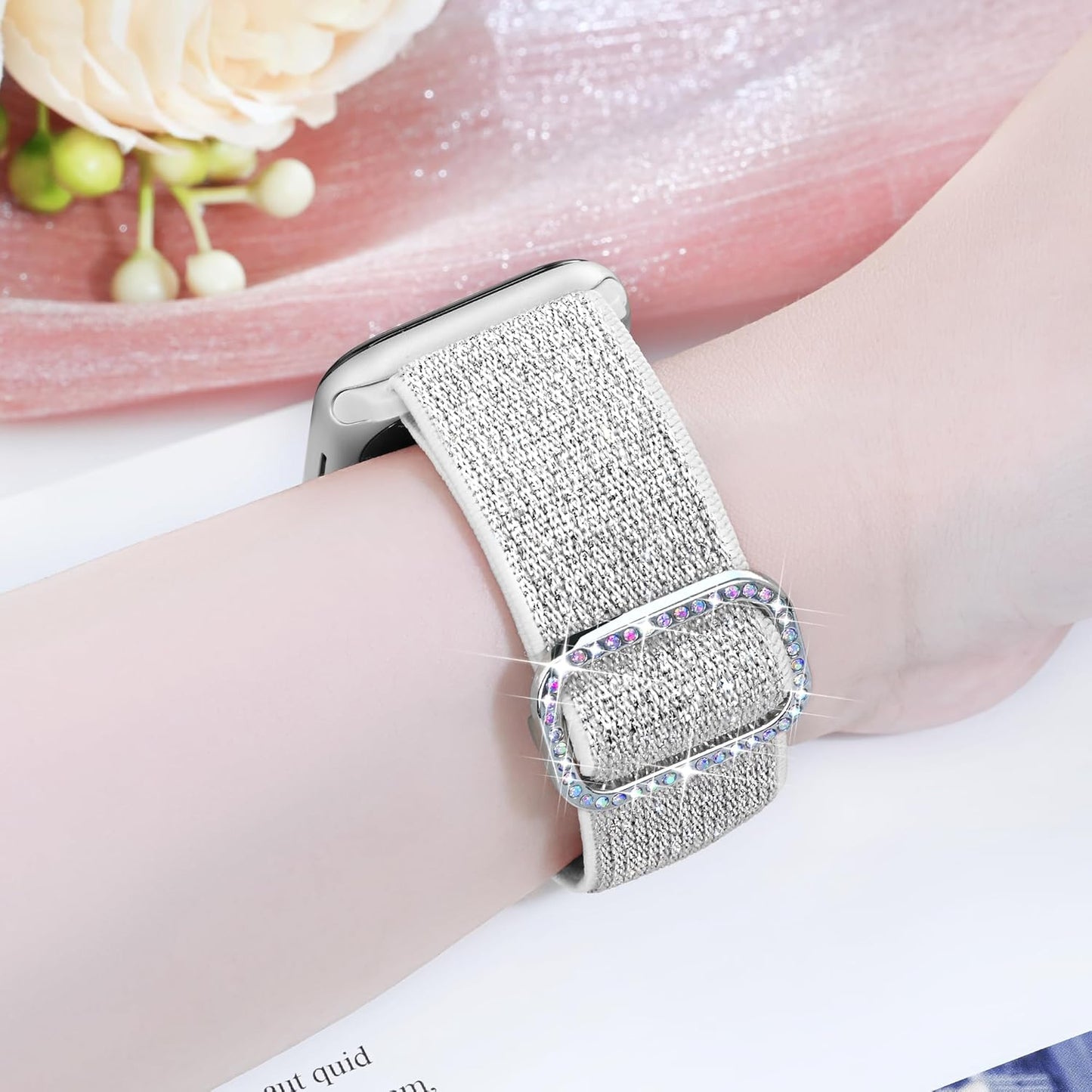 Sparkly Stretchy Nylon Band Fit Bling Apple Watch Bands for Women 42Mm 41Mm 40Mm 38Mm, Elastic Sport Solo Loop Iwatch Bands for Cute Glitter Iphone Watch Band Series 10 9 8 7 6 5 4 3 Se-Silver