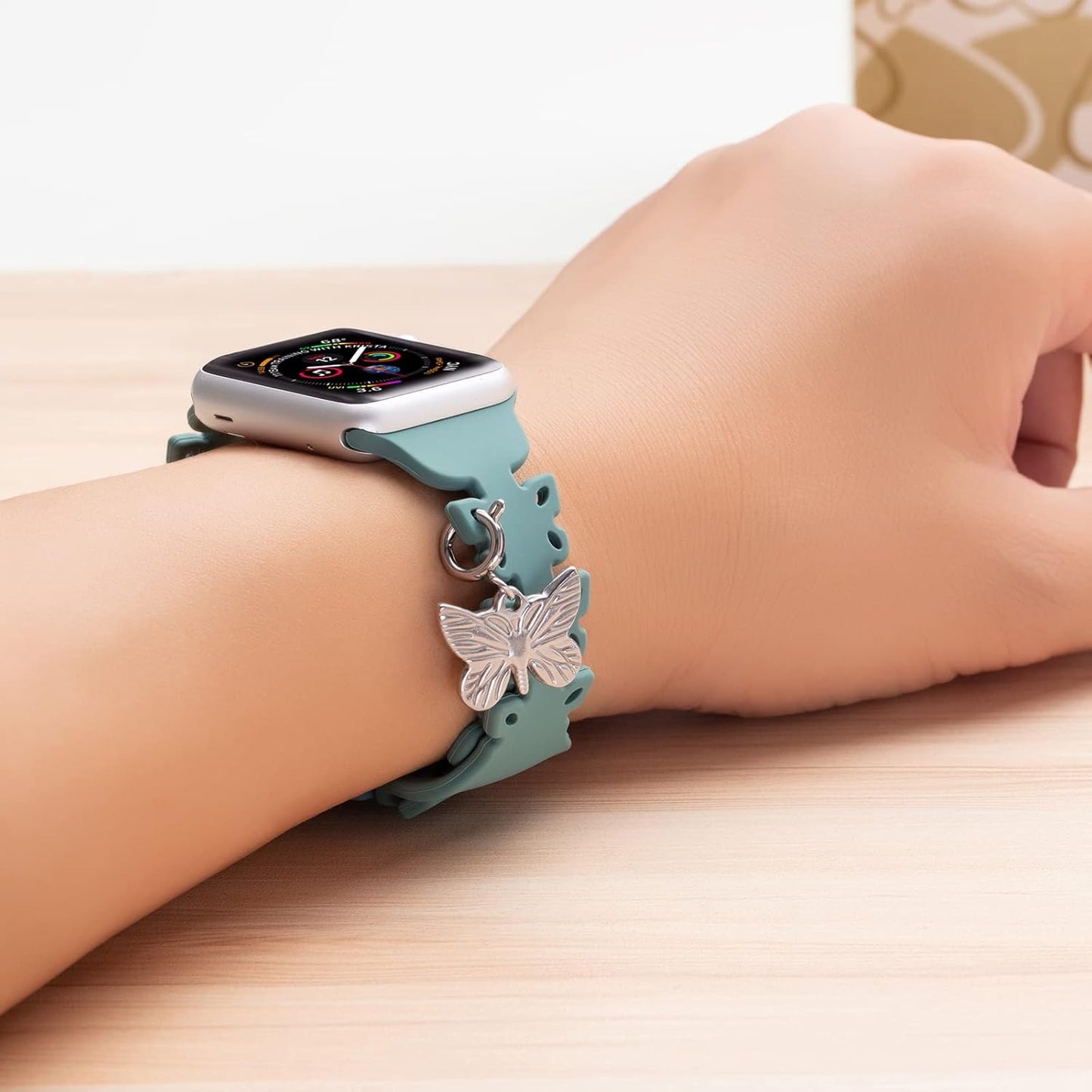 Silicone Band Compatible with Apple Watch Bands 40Mm 44Mm 41Mm 45Mm 38Mm 42Mm Women Thin Slim Hollow-Out Metal Butterfly Charms Accessories Sport Strap Replacement Wristbands for Iwatch SE Series8 7 6 5 4 3 2 1