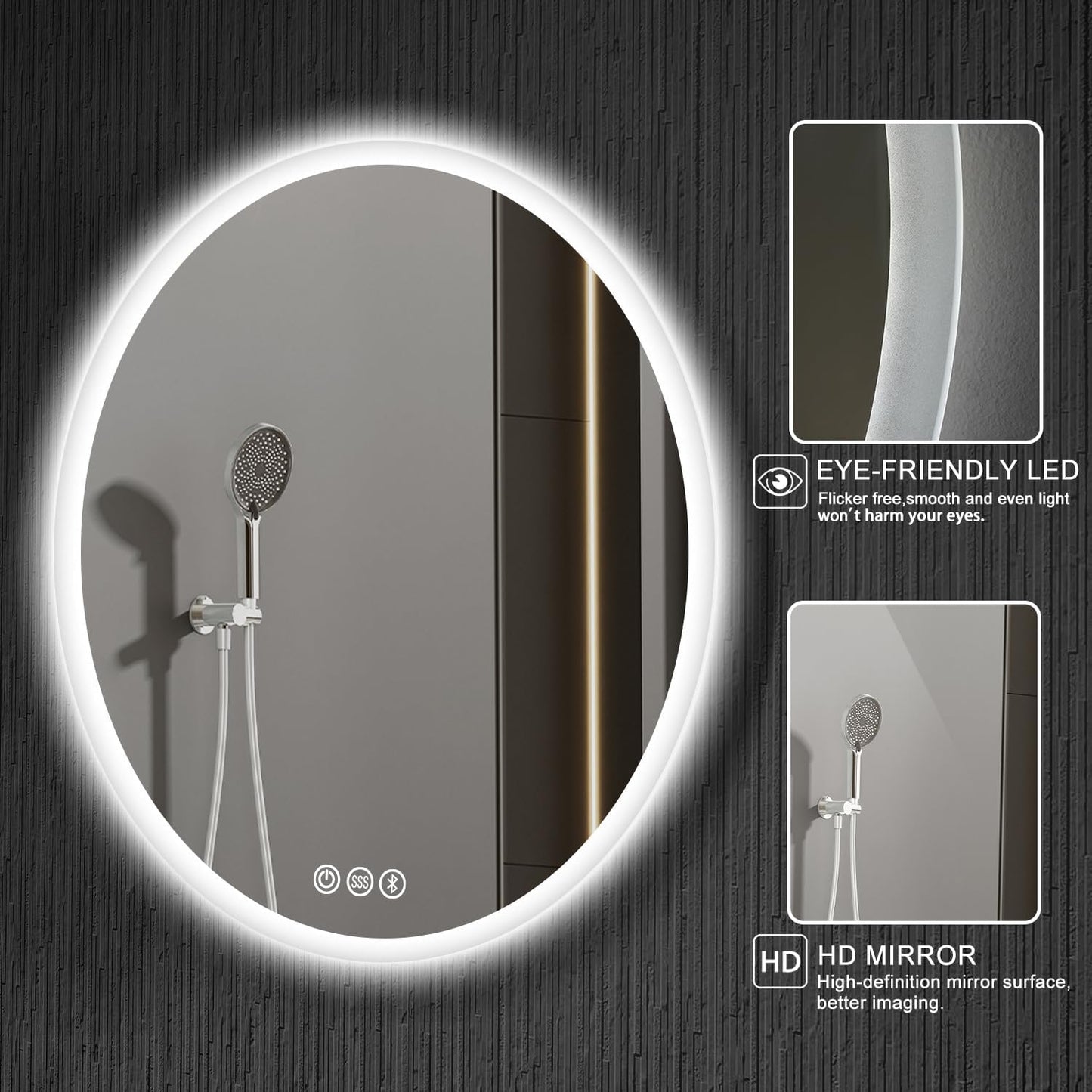 S·BAGNO 24’’ round Led Bathroom Mirror with Lights, Backlit and Front Lighted, Anti-Fog Wall-Mounted Vanity Mirror 3000K/4000K/6500K, Dimmable inside Bluetooth Speaker Smart Mirror