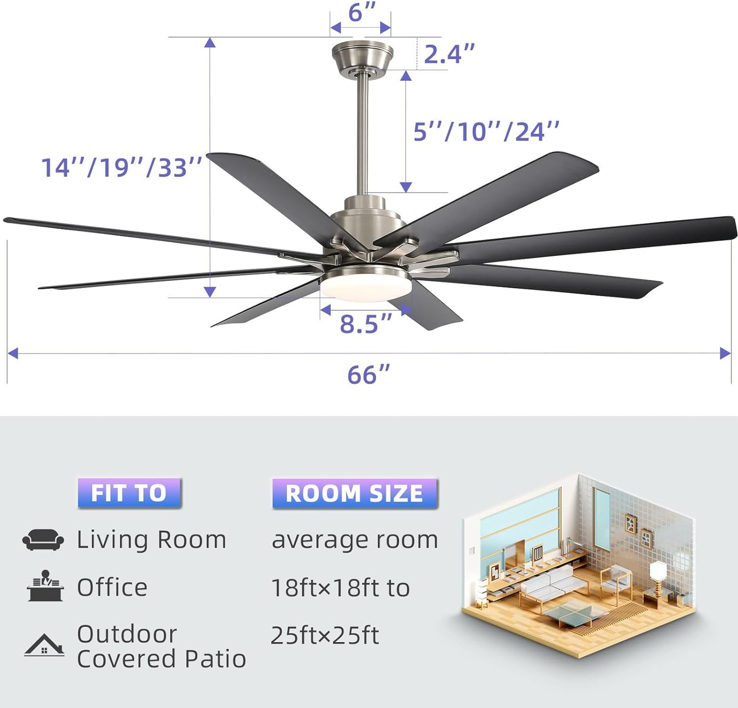 66 Inch Black Ceiling Fans with Lights and Remote, Indoor Outdoor Mordern Smart Ceiling Fan with Reversible Quiet DC Motor, 6 Speed, 8 Blades for Living Room Bedroom Patios Balcony