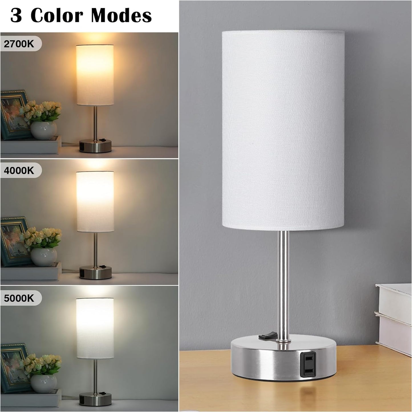 Table Lamp for Bedroom Set of 2, Bedside Small Lamps with 3 Way Dimmable Rocker Switch and AC Outlet, Nightstand Desk Lamp with White Fabric Shade Nickel Base for Living Room Home Decor Lights
