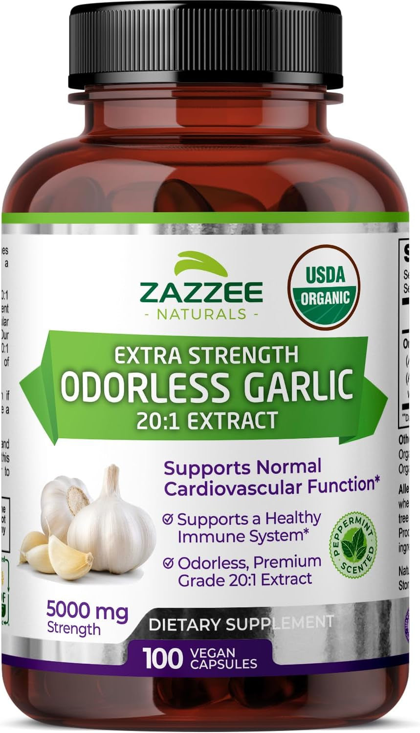 USDA Organic Odorless Garlic 20:1 Extract, 5000 Mg Strength, 100 Vegan Capsules, 3+ Month Supply, Standardized, Concentrated 20X Extract, 100% Vegetarian, All-Natural, Non-Gmo, Made in the USA TLBH