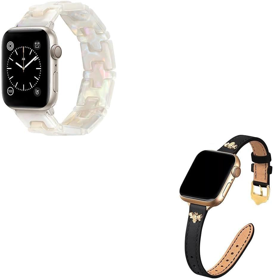 Slim Leather-Bands Resin Stretchy Watch Band Bundle Compatible with Apple Watch Band 38Mm 40Mm 41Mm 42Mm 44Mm 45Mm 49Mm Strap Wristband for Women for Iwatch Series 9/8/7/6/5/4/3/2/1/Se/Ultra