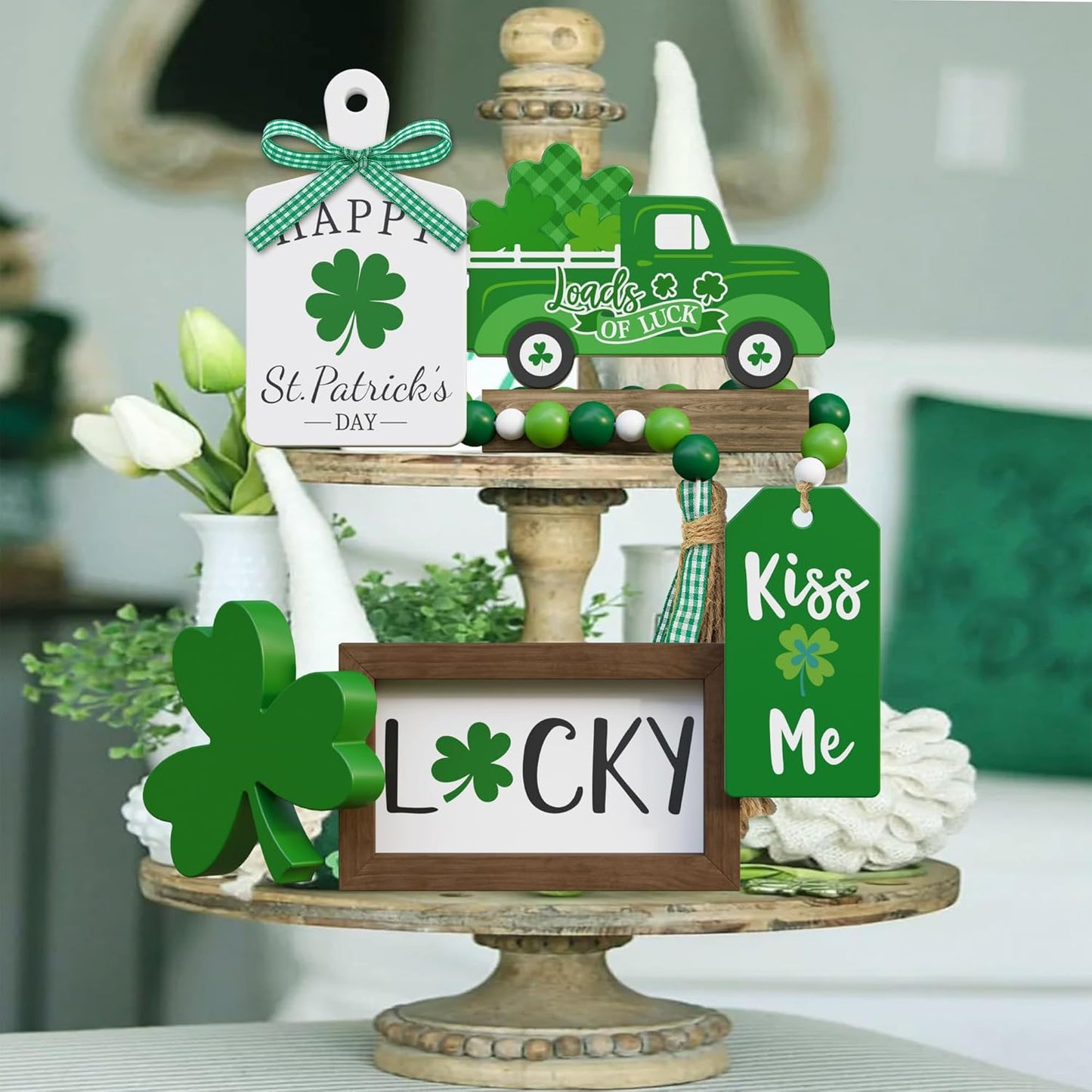 St. Patrick'S Day Tiered Tray Decor Set - 5 Pcs Shamrock Wooden Signs Lucky Decor Bead Garland, St. Patricks Day Decorations for Home Kitchen Table Party Decorations