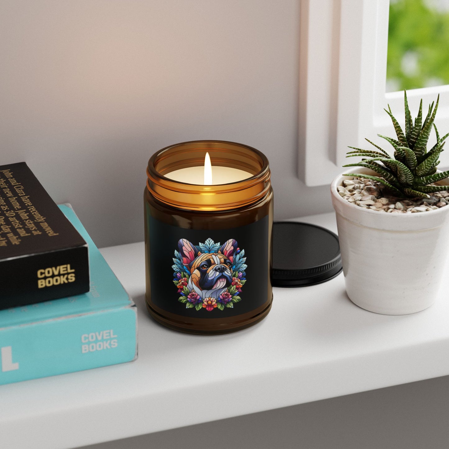 French Bulldog Stained Glass Scented Soy Candle (Multi-Size, Amber Jar)