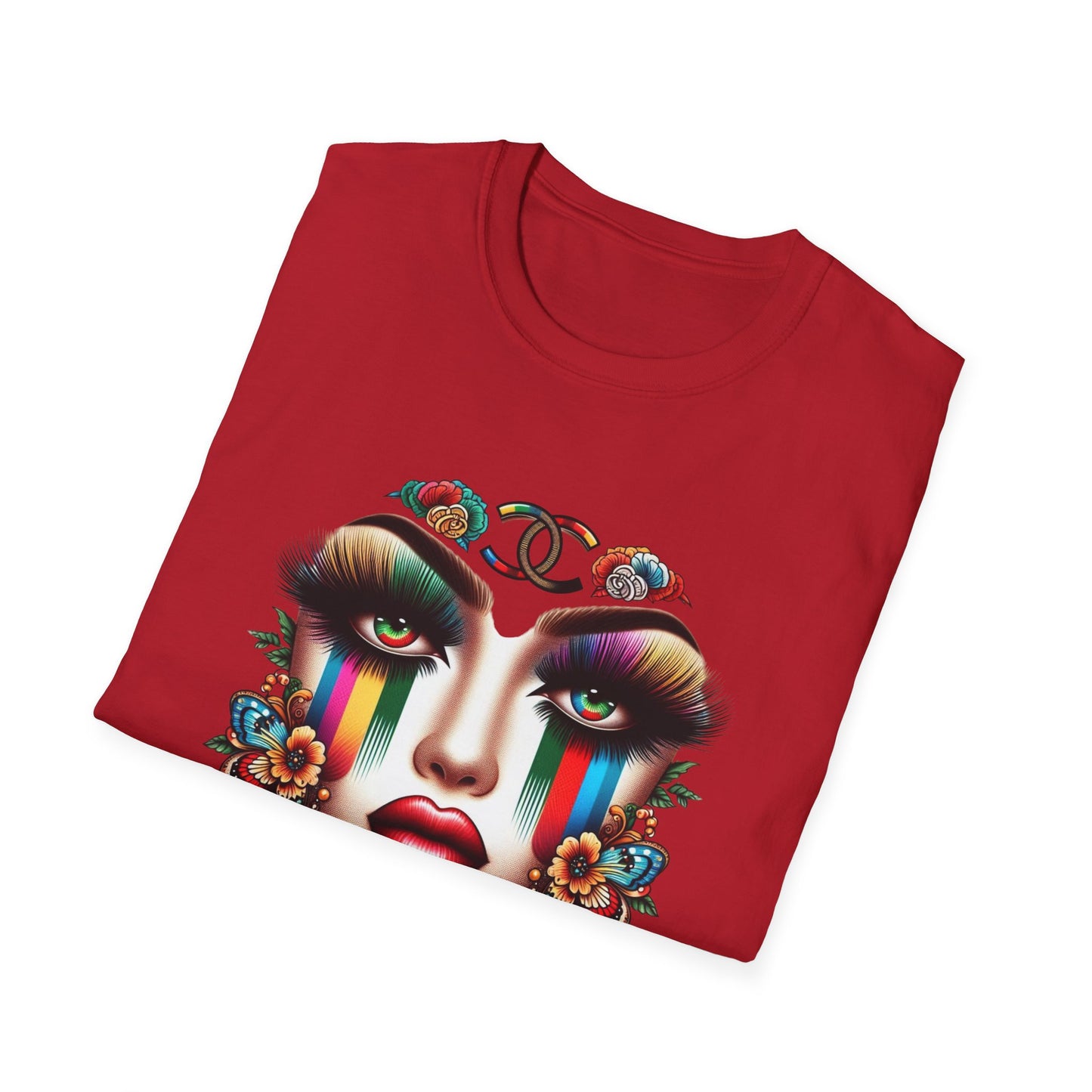 Gucci Inspired Vibrant Art Face Unisex Softstyle T-Shirt - Colorful Floral Design