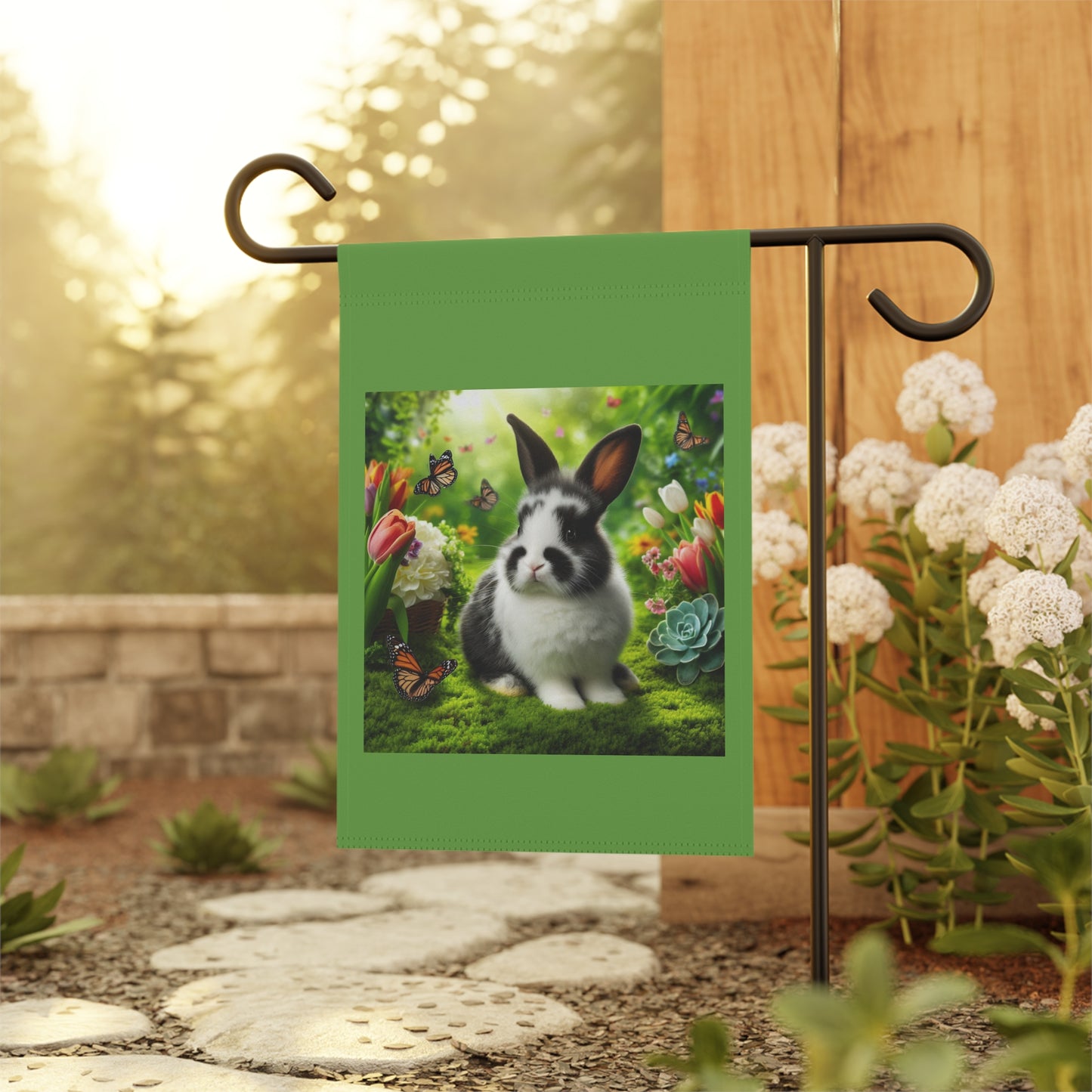 Spring Garden Banner with Rabbit and Butterflies