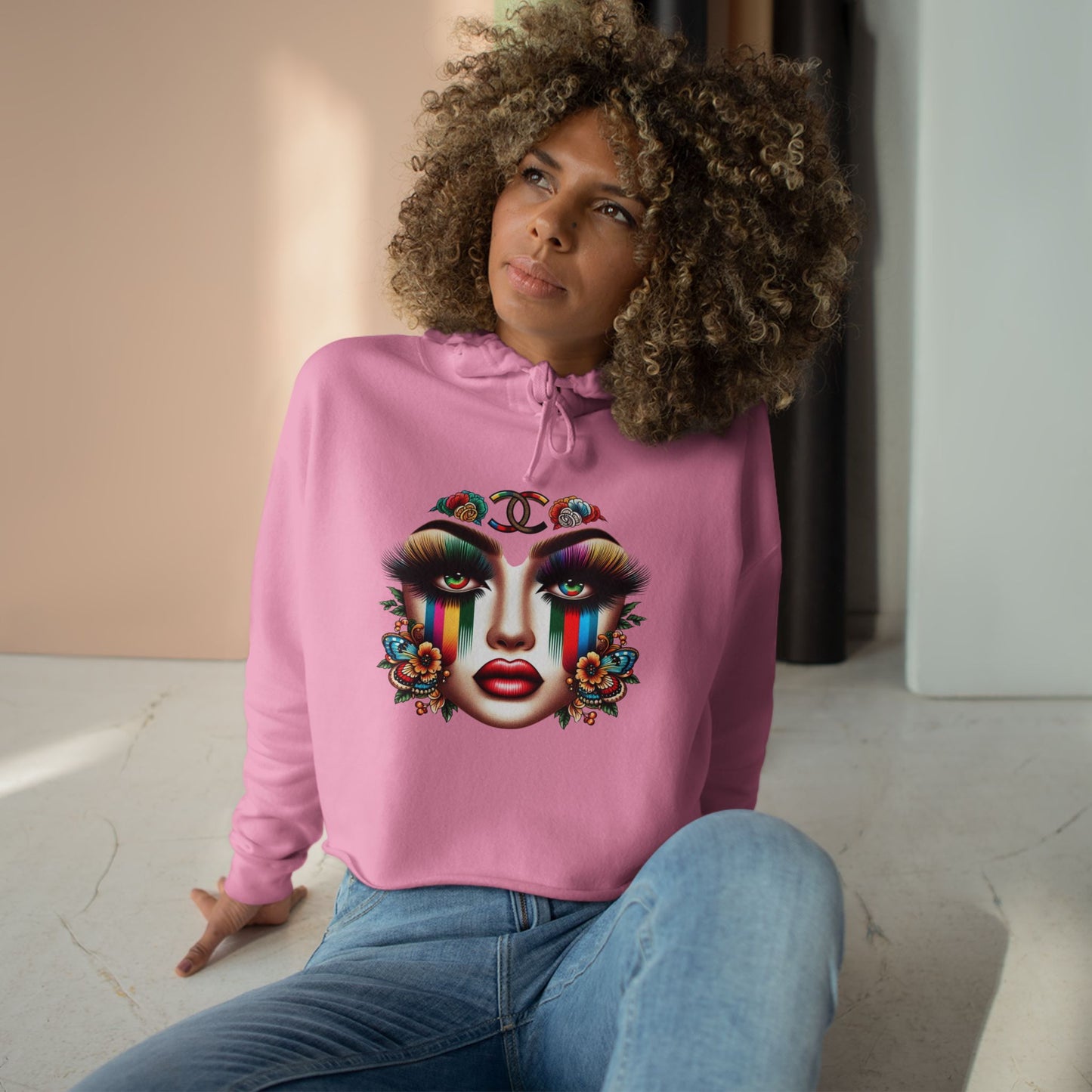 GUCCI Inspired Colorful Floral Face Crop Hoodie - Trendy Streetwear for Self-Expression