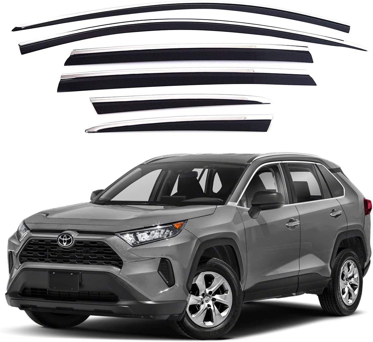 Tape-On Rain Guards Window Visors 6 Pcs Set for Toyota Rav4 2019 2020 2021 2022 2023 2024 / Window Deflectors, Out-Channel Vent Shades (Smoked)