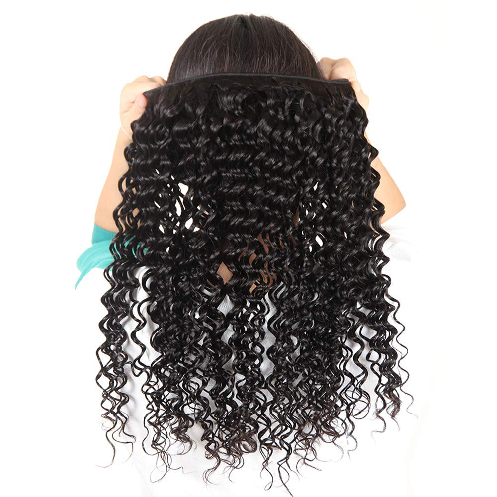 Brazilian Hair Deep Wave 3 Bundles with Frontal 13X4 Free Part Lace Frontal 100% Virgin Human Hair Bundles Brazilian Hair Extensions Natural Black Color (16 18 20+14)