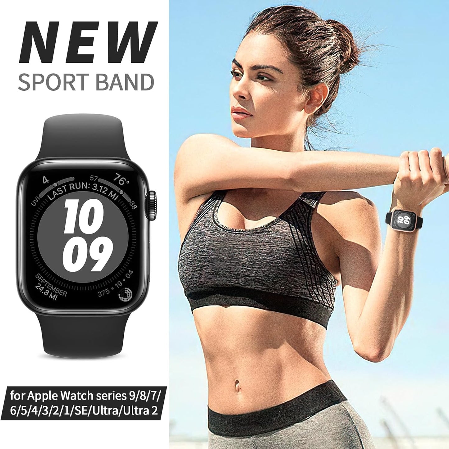 Sport Silicone Band Compatible with Apple Watch Bands 40Mm 38Mm 41Mm 44Mm 45Mm 49Mm 42Mm Women Men, Soft Strap Replacement Waterproof Wristband for Iwatch Series 9 Ultra 8 7 SE 6 5 4 3 2 Black