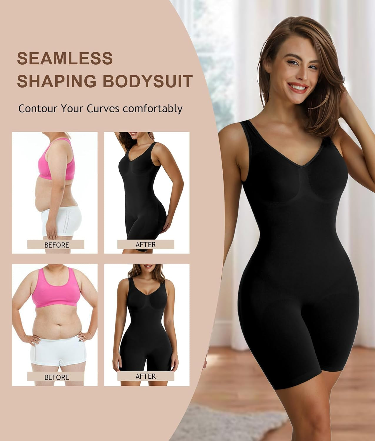 Women'S Shaping Mid-Thigh Bodysuit Tummy Control Shapewear Seamless Sculpting Body Shaper