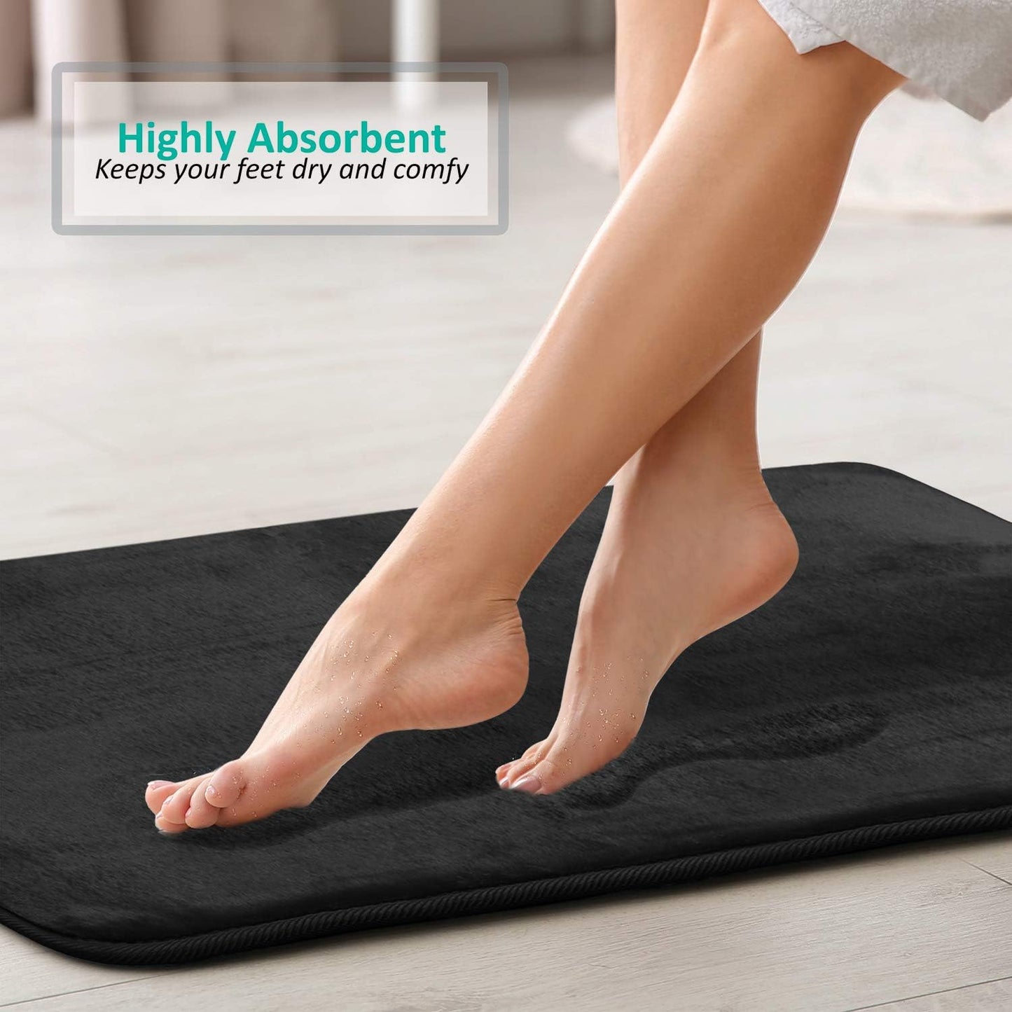 3 Piece Bathroom Rugs Bath Mat Set, Velvet Memory Foam Bath Mats for Bathroom - Non-Slip, PVC Backing Bath Rugs, Washable Bathroom Rug Mats - Dries Quickly, Black Bathroom Rug Set