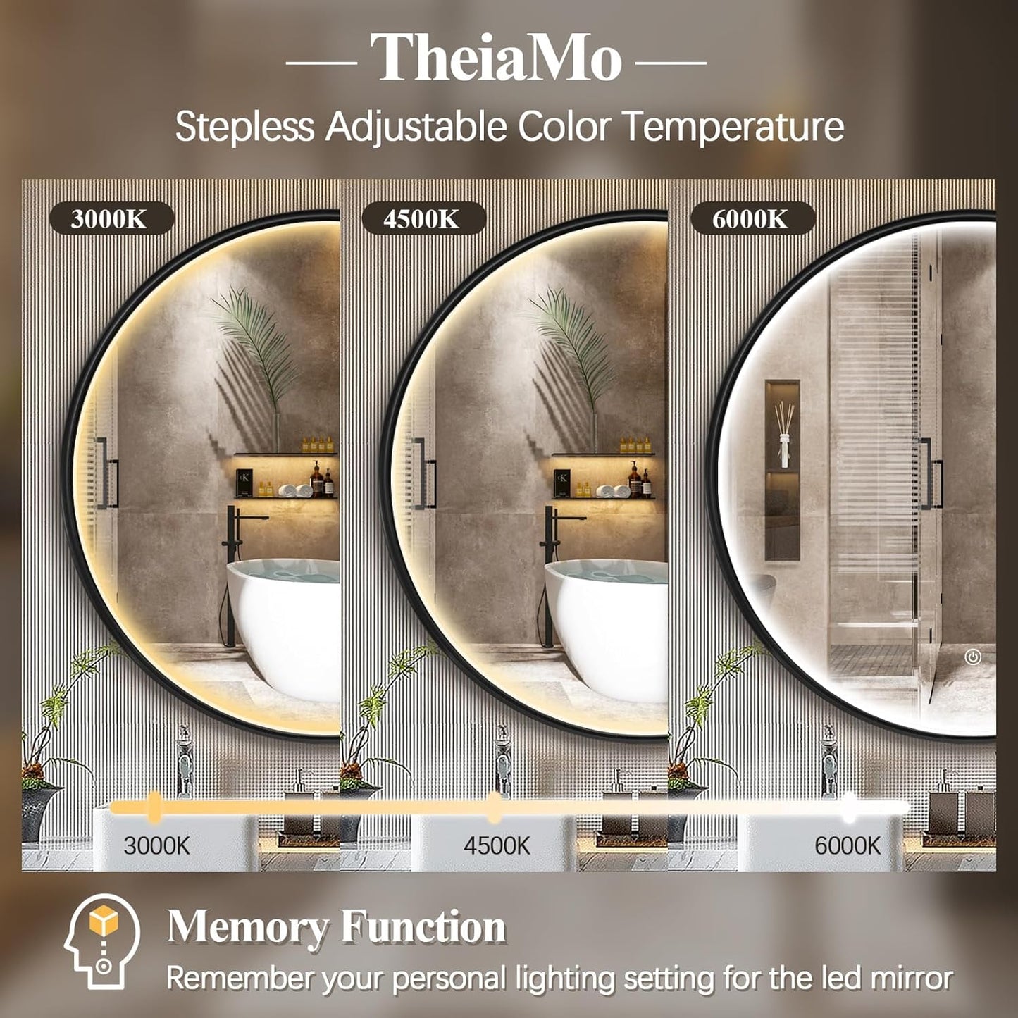 24 Inch round LED Bathroom Mirror, Circle Frame Recessed Light Strip Design Modern Vanity Mirror, Anti-Fog Smart Mirror with Stepless Color Temperature Adjustable 3000-6000K, Black