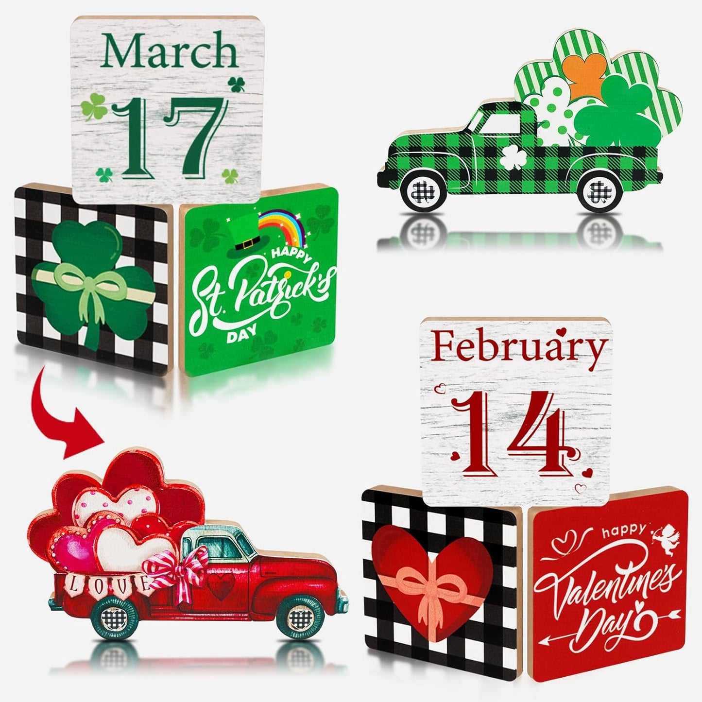 5PCS Valentines Day Decor/St.Patricks Day Decorations Reversible Table Centerpieces Tiered Tray Ornament for Home Party Decor