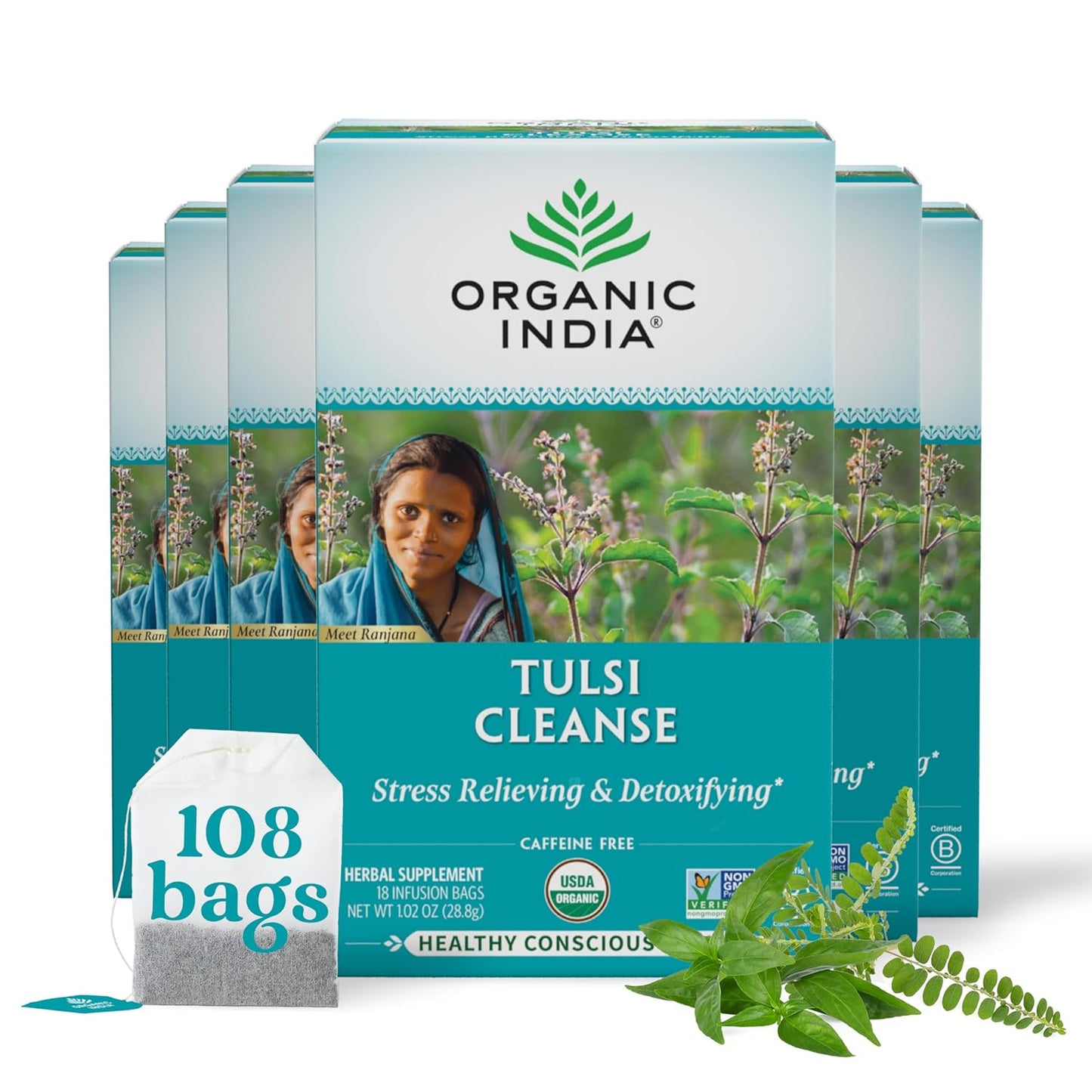 Tulsi Original Herbal Tea - Holy Basil and African Basil Calming and Stress Relief Tea, Immune Support, USDA Certified Organic, Non-Gmo, Caffeine-Free - 18 Infusion Bags, 6 Pack TLBH