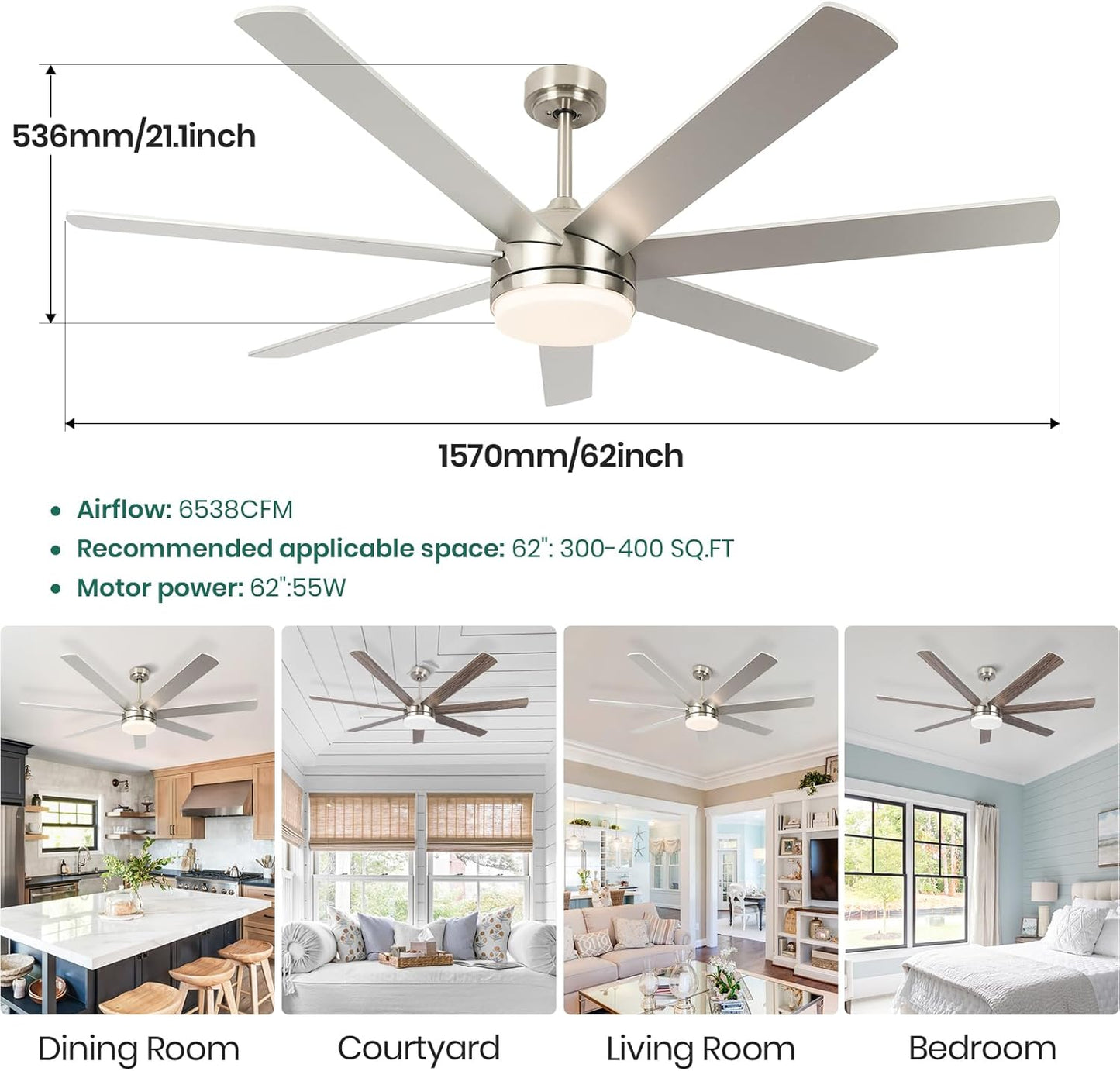 62 Inch Ceiling Fan with Lights, Outdoor Ceiling Fan with Light 7 Reversible Blades,Dimmable, Modern Nickel Ceiling Fan with 6" and 12" Downrods for Bedroom Living Room Patio