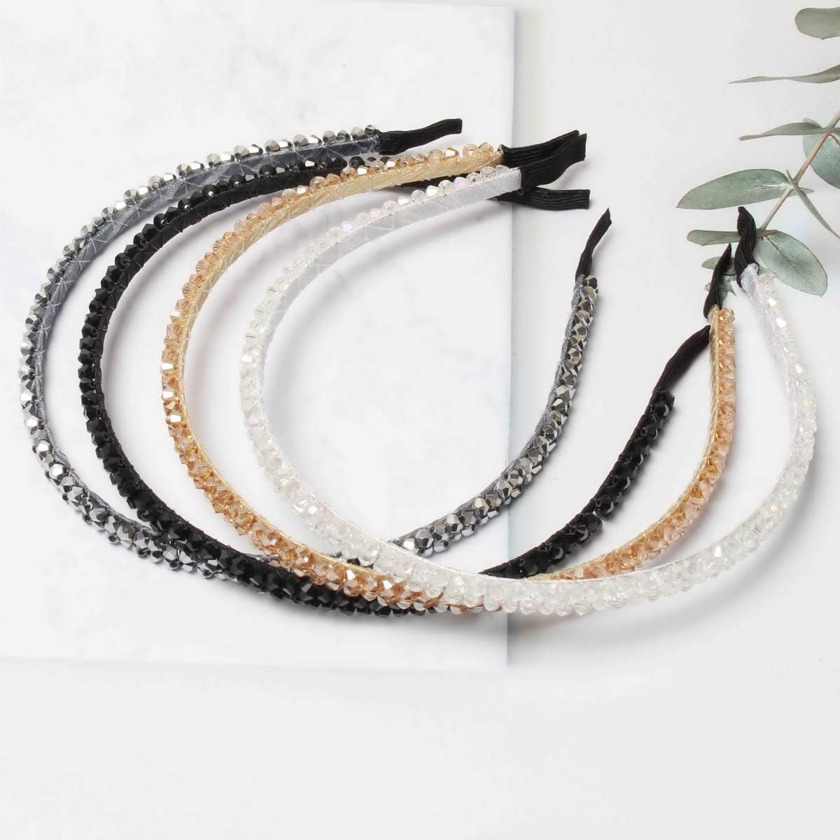4 PK Crystal Rhinestone Headbands for Women Girls Double Rows Sparkly Beaded Hair Hoops Clear Black Weave Narrow Hair Bands Hair Accessories (Color A)