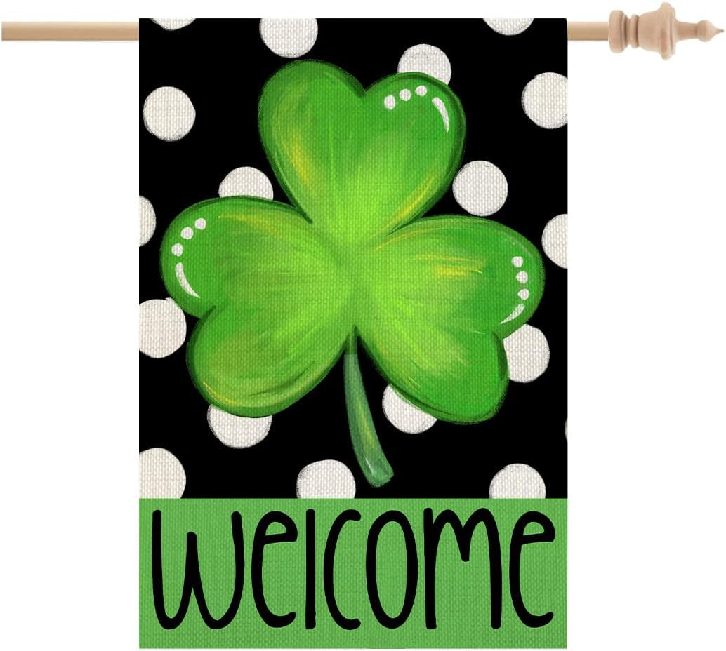 St Patricks Day Shamrock Garden Flag 12×18 Inch Double Sided Green Clover Small Burlap Welcome Polka Dots Holiday Yard Flag for Outside