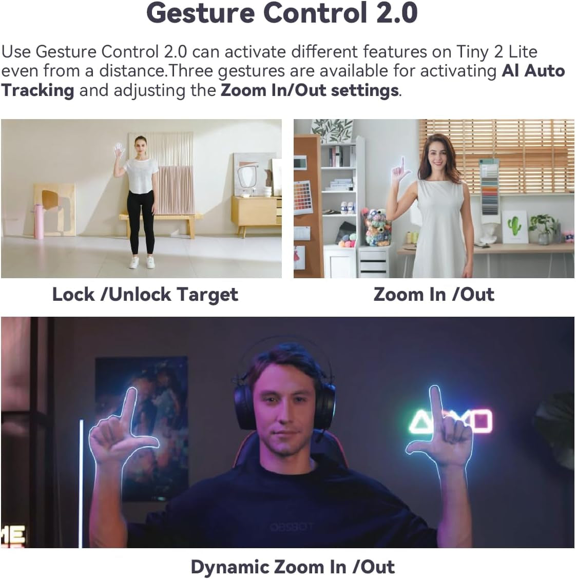 Tiny 2 Lite Ai-Powered 4K UHD PTZ Webcam,1/2" CMOS Sensor 4X Digital Zoom, AI Auto Tracking, Auto Zoom, Gesture Control 2.0, Beauty Mode,Preset Modes,Livestream for Game/Meeting/Online Educate