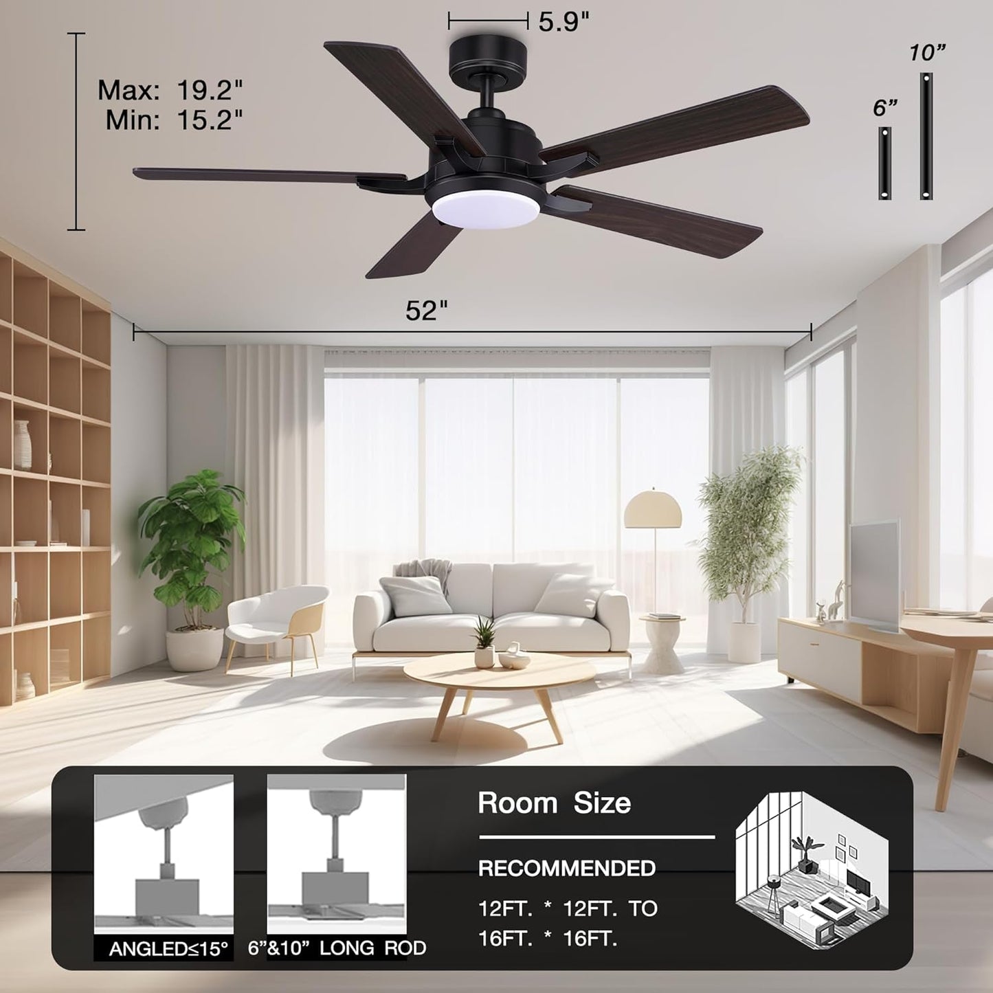 52” Smart Ceiling Fanswith Lights Remote Control,Quiet DC Motor,Outdoor Indoor Modern Farmhouse Ceiling Fan Work with Alexa App,Dimmable LED Light,Black/Brown for Bedroom Living Room Patio