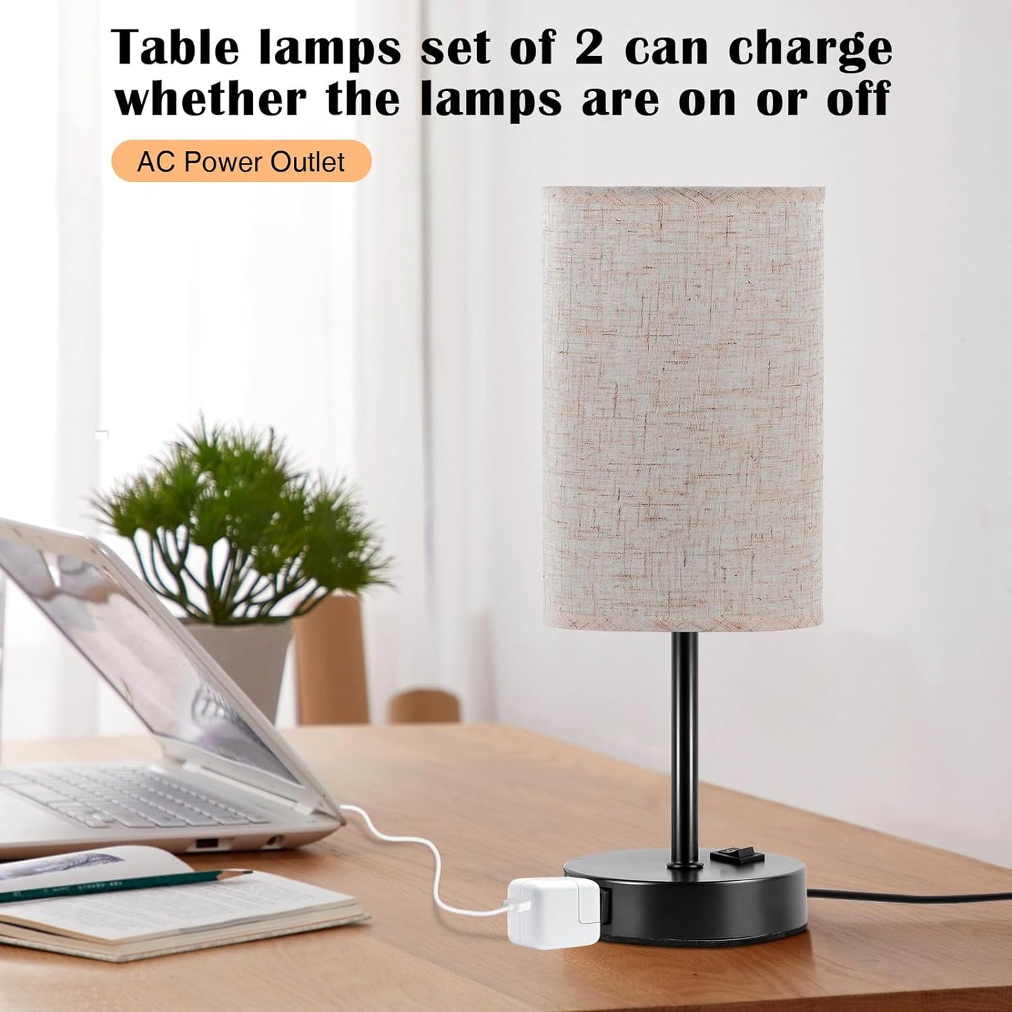 Table Lamp for Bedroom Set of 2, Bedside Small Lamps with 3 Way Dimmable Rocker Switch and AC Outlet, Nightstand Desk Lamp with Flaxen Fabric Shade Black Base for Living Room Home Decor Lights