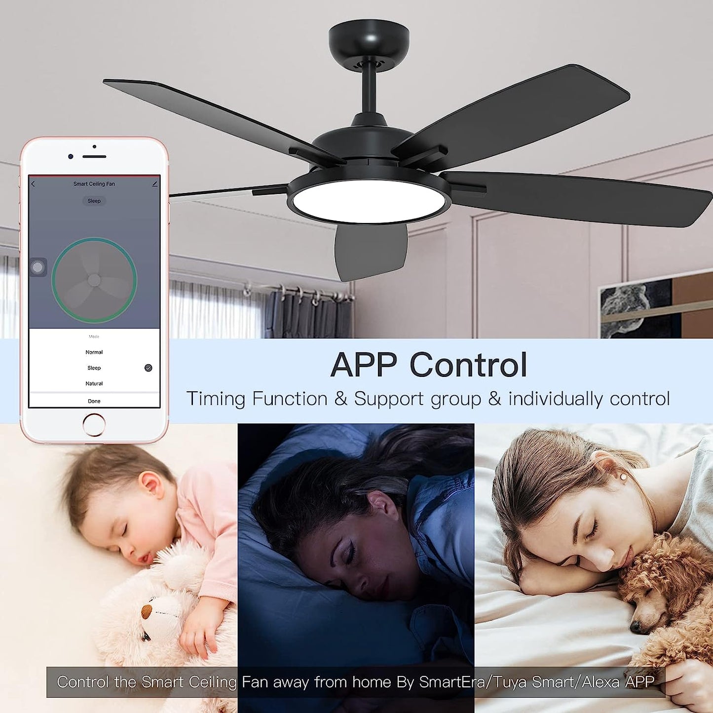 52 Inch Smart Ceiling Fan with Light,Ultra Silent Reversible DC Motor Fan Remote Control Compatible with Alexa Google Home(Black)