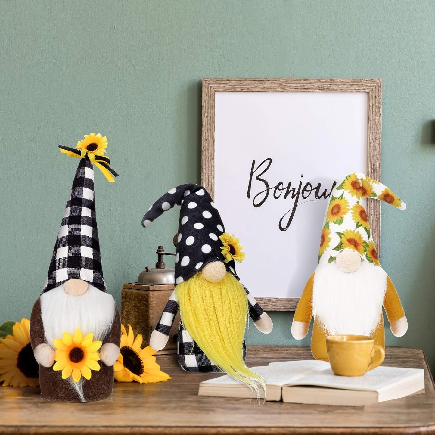 3 Pieces Fall Sunflower Swedish Gnomes Decor Sunflower Buffalo Plaid Rustic Tiered Tray Decorations Plush Tiered Tray Gnomes Ornaments for Home Garden Kitchen Decor
