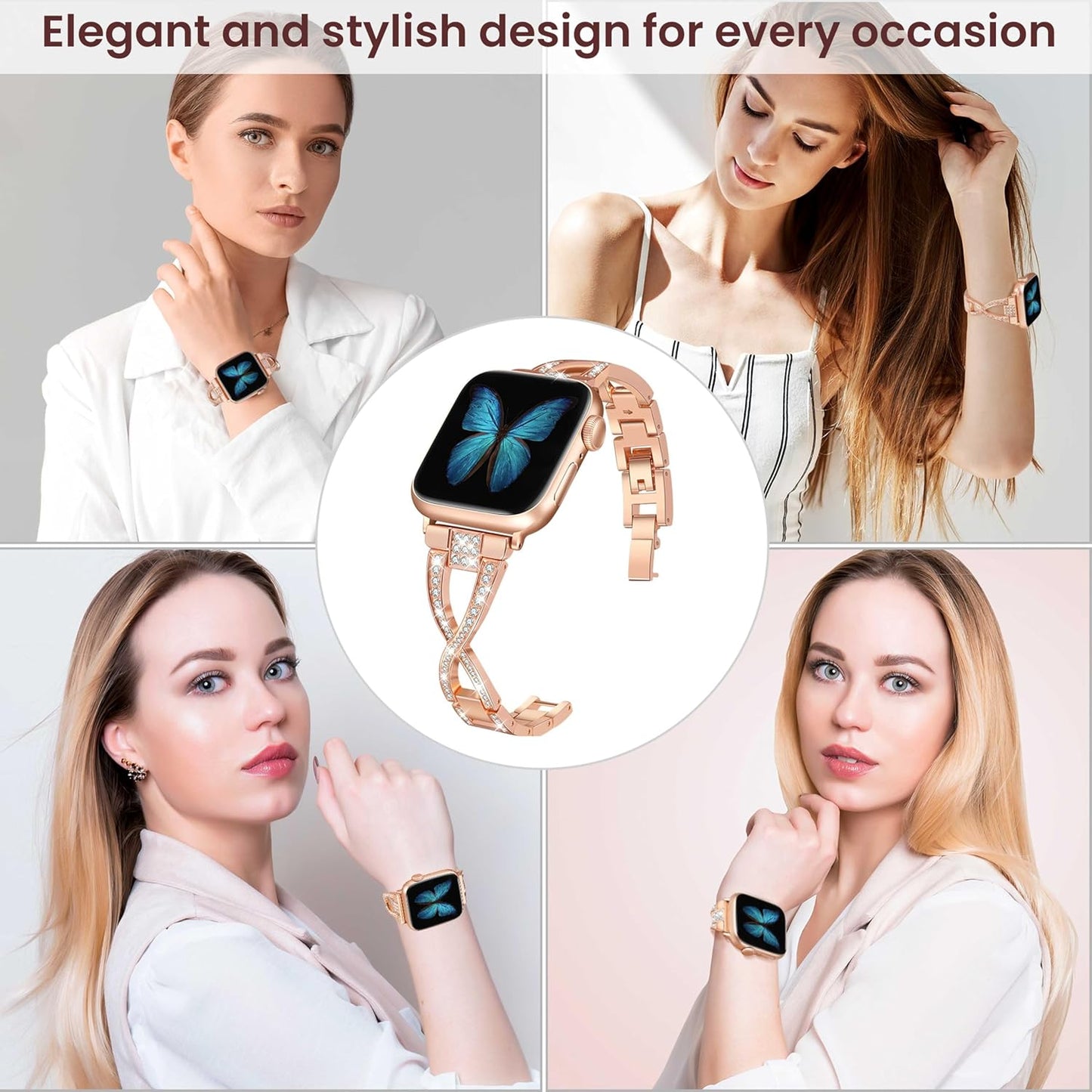 Bands for Apple Watch 38Mm 40Mm 41Mm Women Series 9 8 7 6 5 4 SE Iwatch Band Bling Metal Bracelet Fancy Cute Dressy Strap Rose Gold