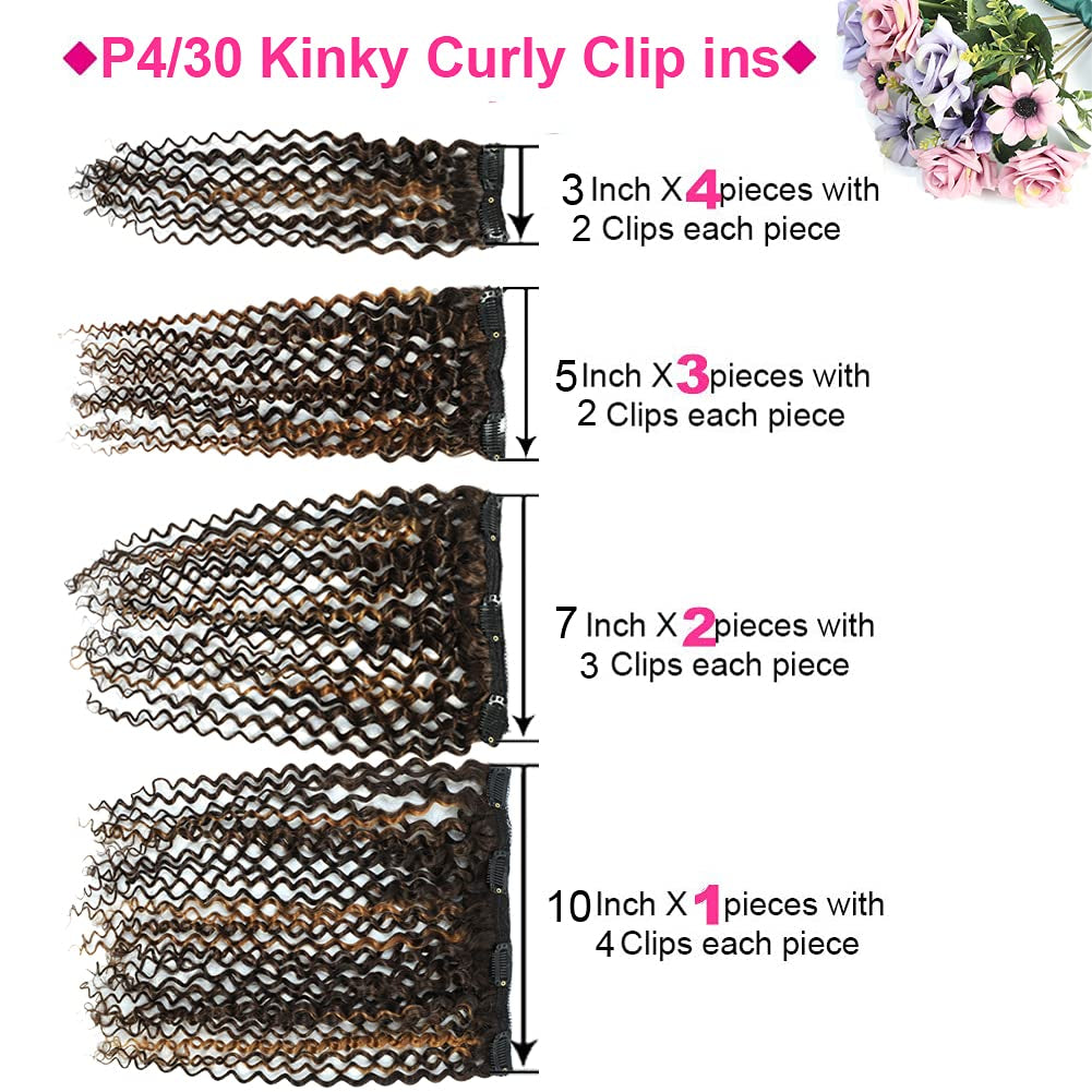 4/30 Kinky Curly 10 Inch 3C 4A Clip in Hair Extensions for Black Women Chocolate Brown Mix Medium Auburn Curly Hair Extensions Clip Ins 10Pcs/Set Full Head 10A Grade