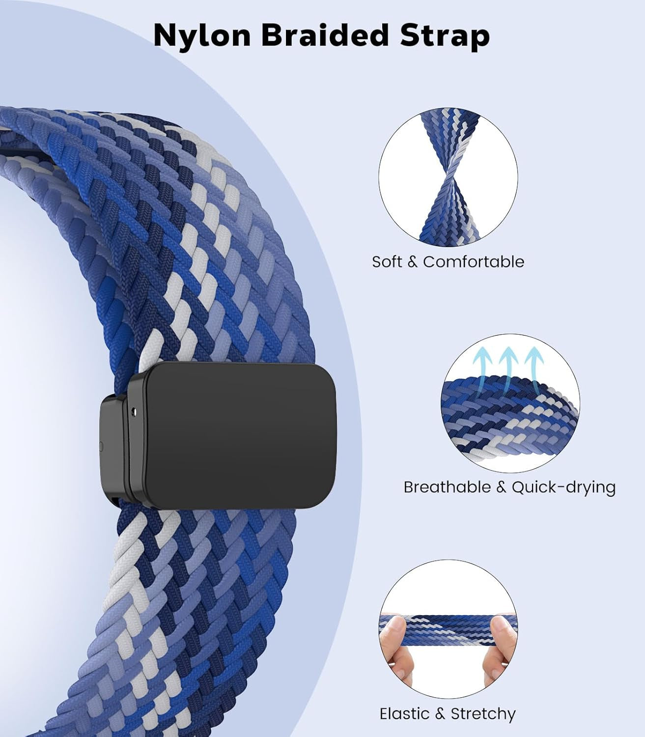 Braided Solo Loop Compatible with Samsung Galaxy Watch 6 5 4 Band 40Mm 44Mm/6 Classic 43Mm 47Mm/5 Pro 45Mm/4 Classic 42Mm 46Mm/3 41Mm/Active 2, 20Mm Stretchy Sport Band, Colorful Blue