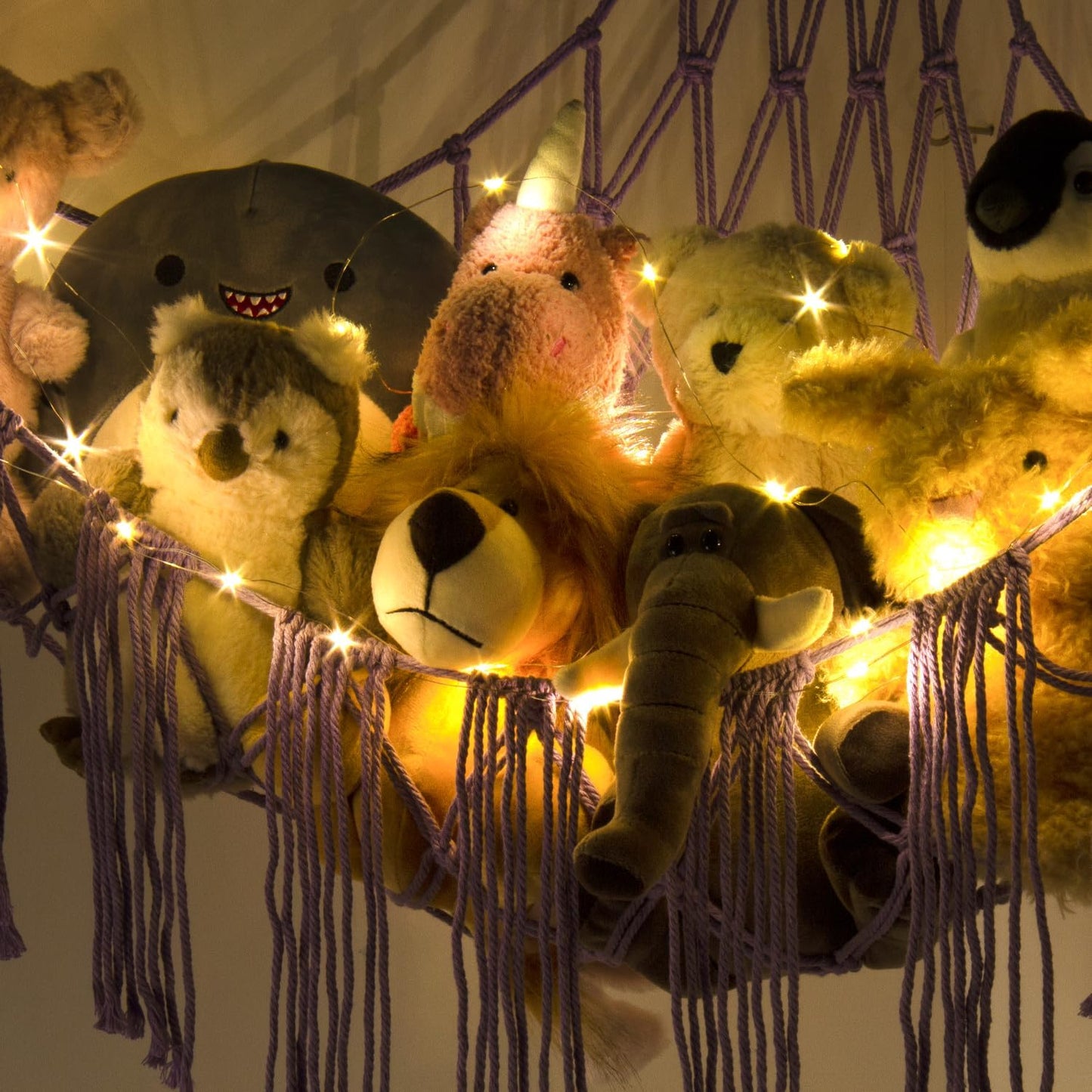 Stuffed Animal Hammock Corner with LED Light - Toy Storage Hammock Plushie Net Organizer - Teddy Bear Stuffy Hammock - Purple Nursery Decor Baby Kids Bedroom Nursery Furniture