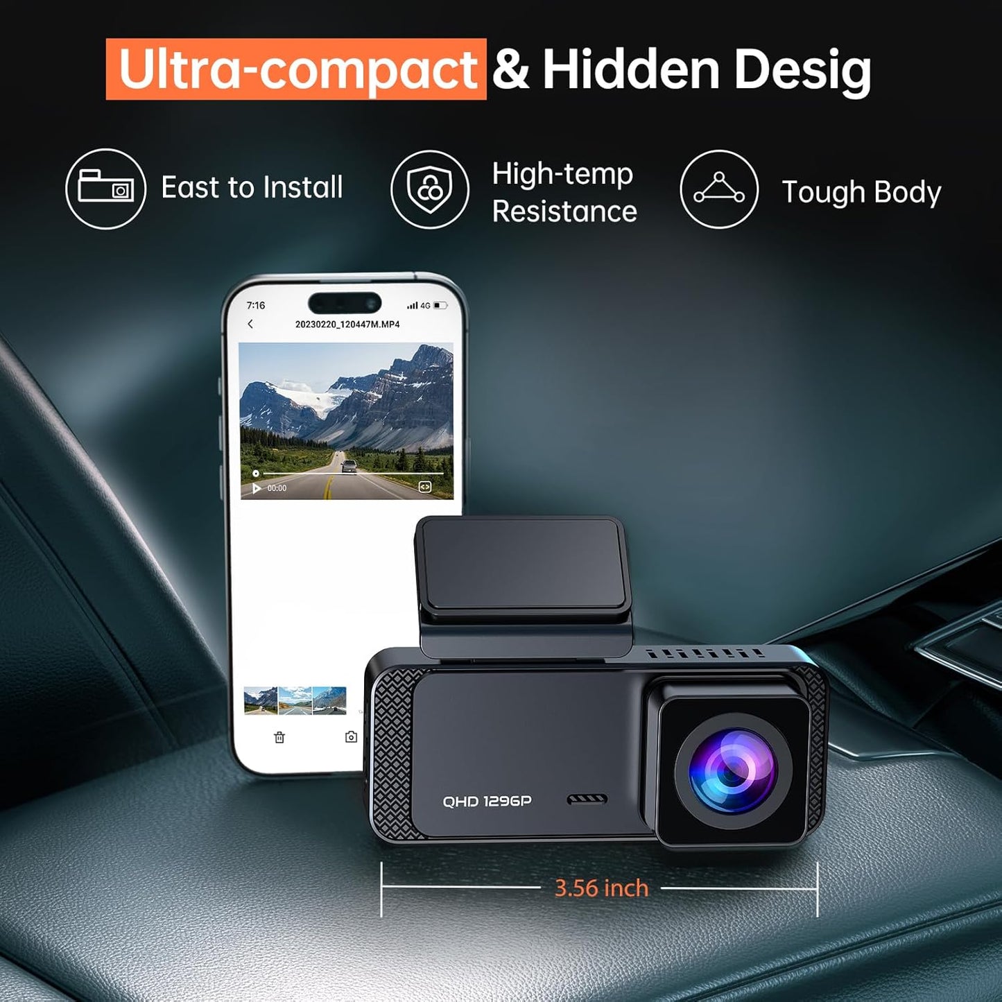 Dash Cam, 1296P Front Dashcam, V300 Wifi Dash Camera for Cars with App, Night Vision, Mini Hidden Single Car Camera, Loop Recording, 24H Parking Mode, Support 256GB Max, Black