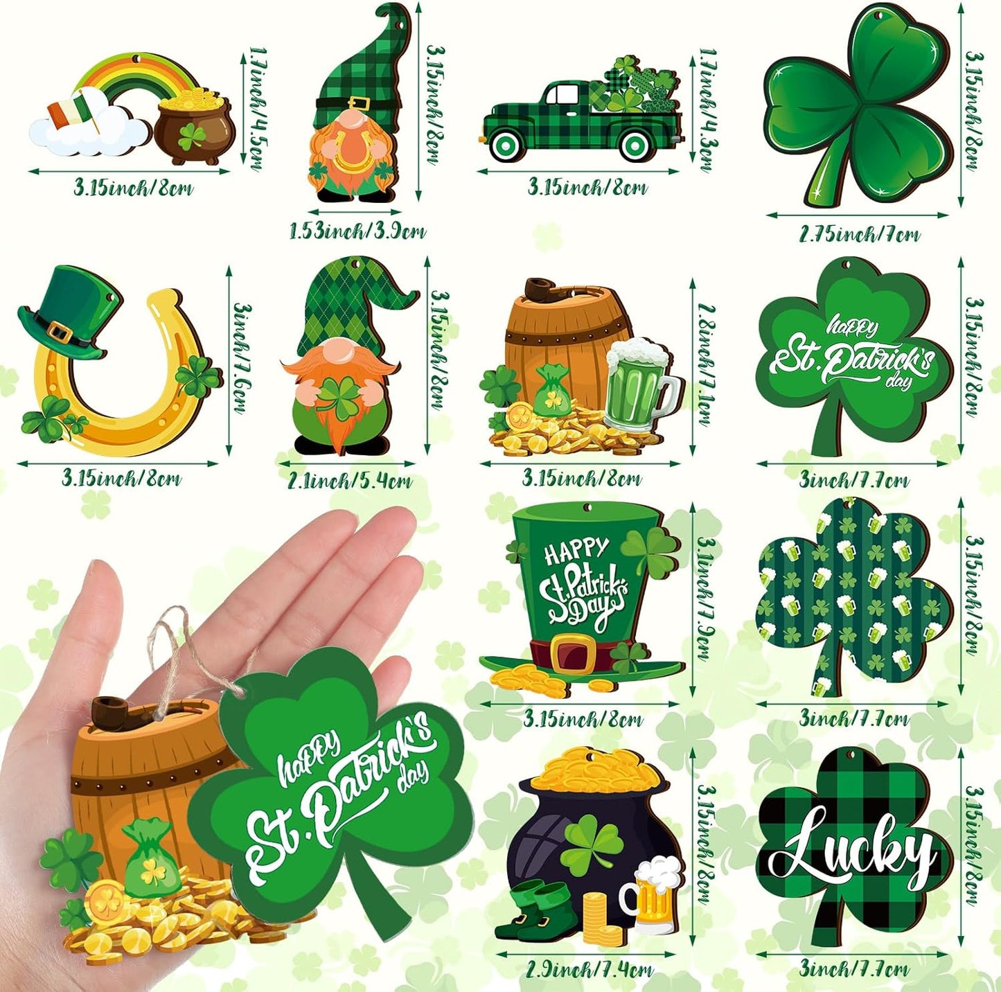 36 Pcs St. Patrick'S Day Tree Ornaments St. Patrick'S Day Wooden Ornaments for Small Tree Shamrock Decorations Gnome Clover Truck Plaid Hanging Cutouts for St. Patrick'S Day Irish Decor