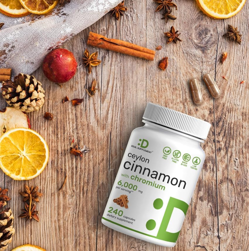 Ceylon Cinnamon 6,000Mg with Chromium 1,000Mcg per Serving, 240 Capsules –Active Inner Bark Extract – True Sri Lanka Source – Natural Cinnamon Supplements– Non-Gmo TLBH
