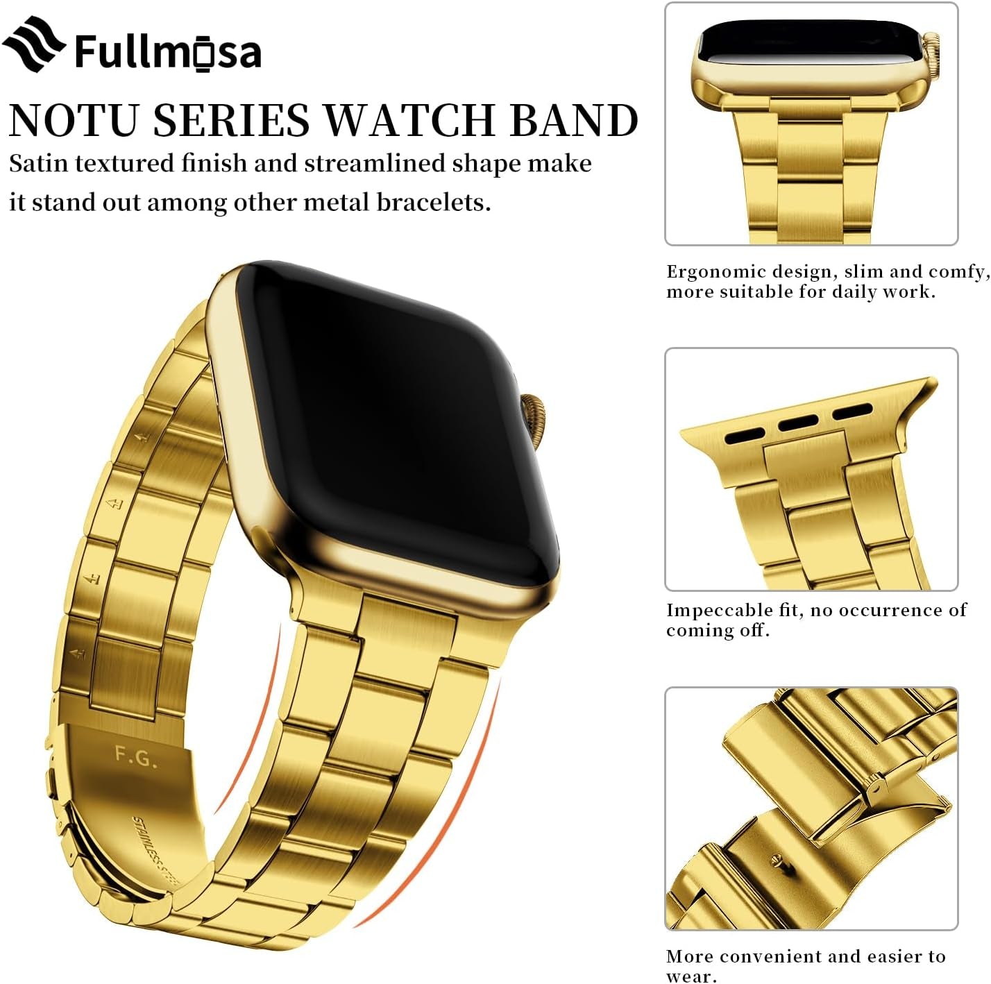 No Tools Needed Compatible Apple Watch Bands 41Mm 40Mm 38Mm,Slim Stainless Steel Chain Strap with Case for Iwatch Series 9/8/7/6/5/4/3/2/1/Se2/Se,Golden