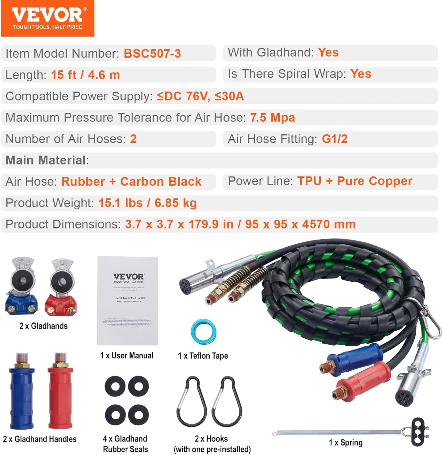 15FT Semi Truck Air Lines Kit with 2PCS Glad Hands, 3-In-1 Air Hoses & 7 Way ABS Electric Power Line, with 2PCS Gladhand Handles, 4PCS Seals and Tender Spring Kit for Semi Truck Trailer Tractor TRUCK DRIVER