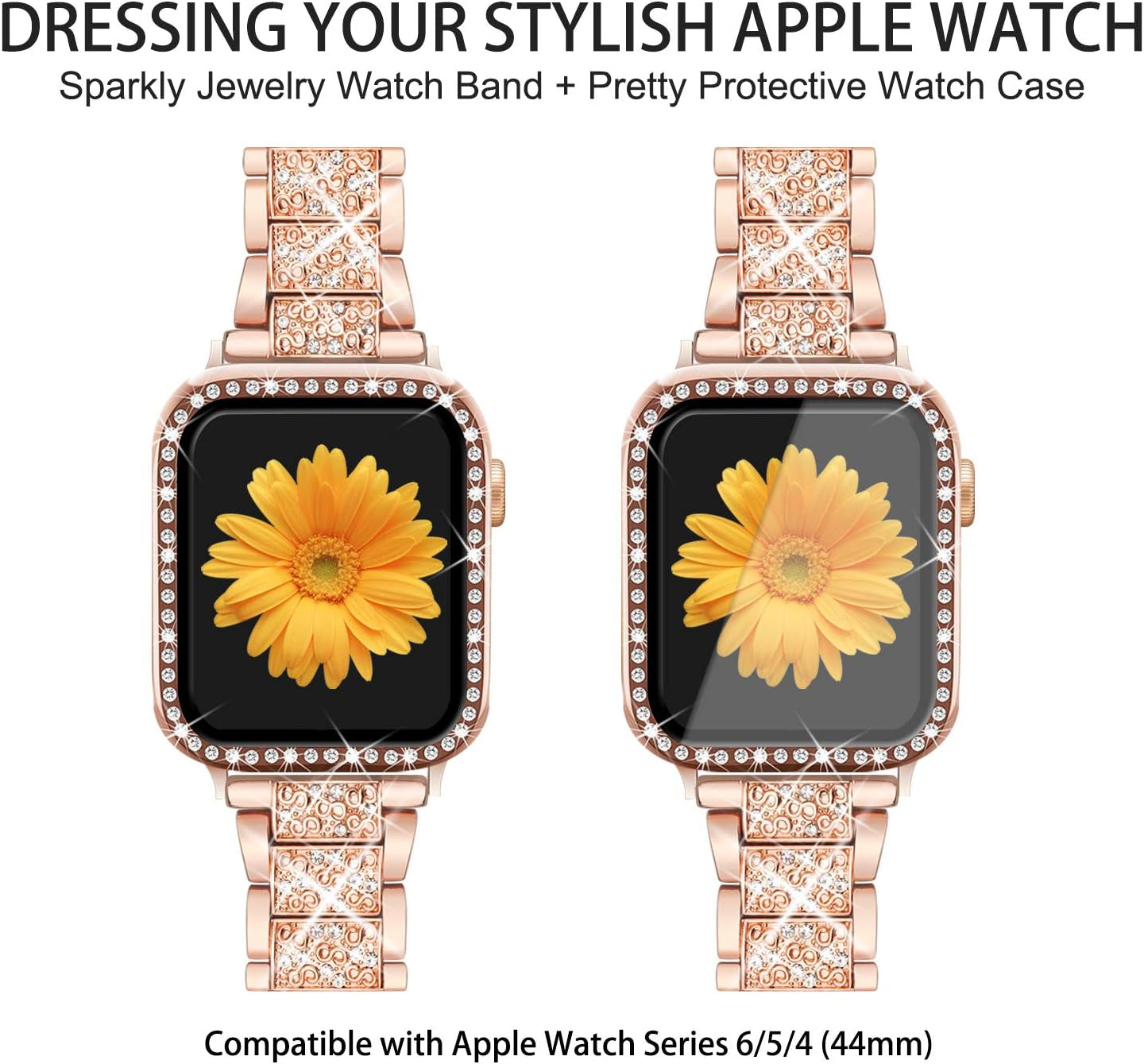 Compatible for Apple Watch Band with Screen Protector Case, Jewelry Replacement Band 45Mm 44Mm 42Mm 41Mm 40 Mm 38Mm 2 Pack Bling Protective Cover for Iwatch Series 9/8/7/6/5/4/3/2/1/SE Women