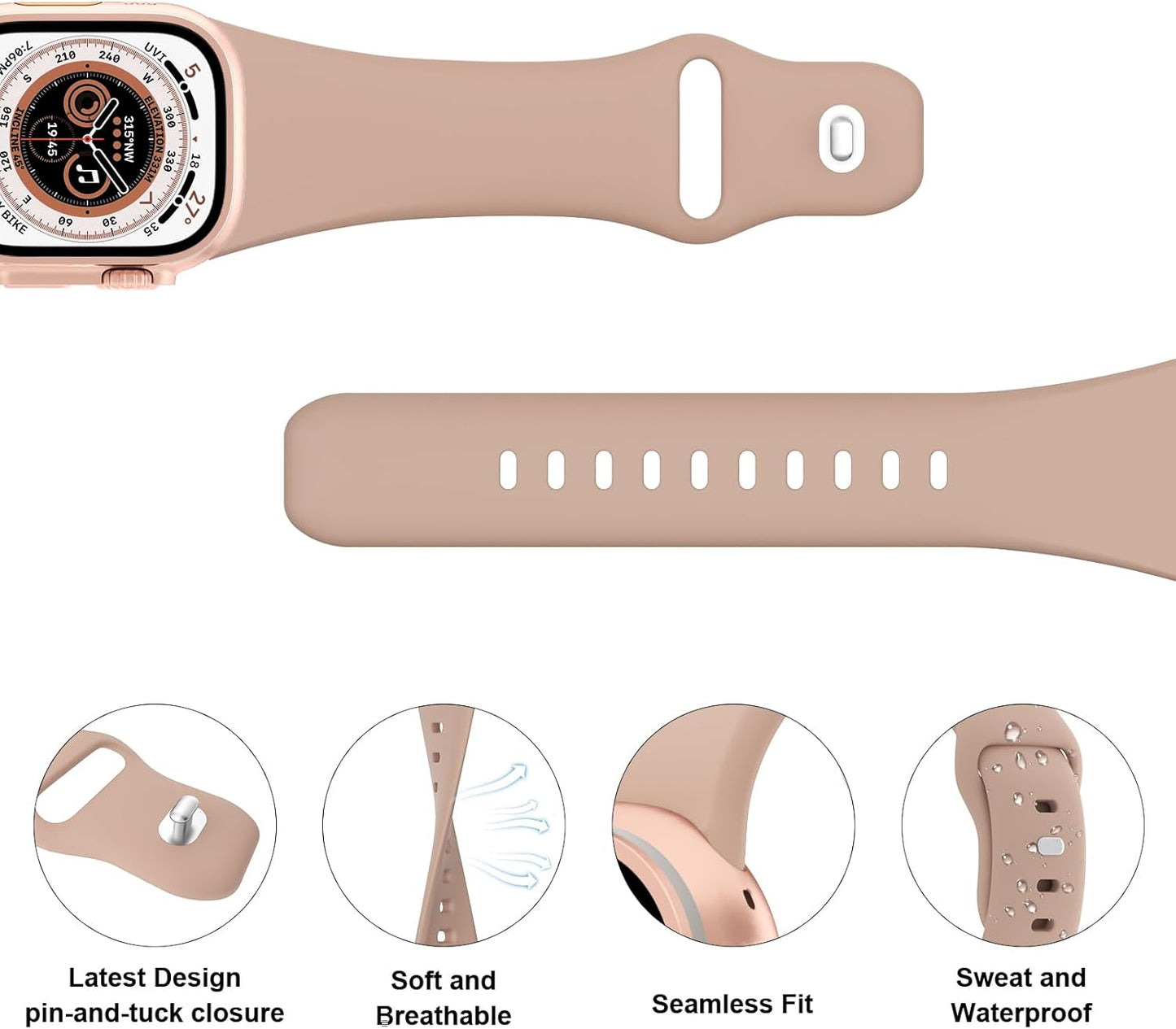 Sport Bands Compatible with Apple Watch 38Mm 40Mm 41Mm 42Mm 44Mm 45Mm 49Mm, Soft Silicone Replacement Waterproof Strap Wristband for Iwatch Series Ultra 9/8/7/6/5/4/3/2/1 SE Women Men