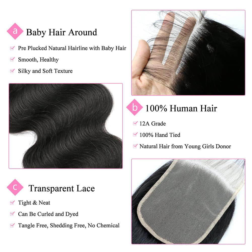 5X5 Transparent HD Lace Closure Only Body Wave Hair Closure Invisible Lace 12A Brazilian Virgin Remy Human Hair Frontal Closure 100% Human Hair Extensions Pre Plucked Natural Black 14 Inch