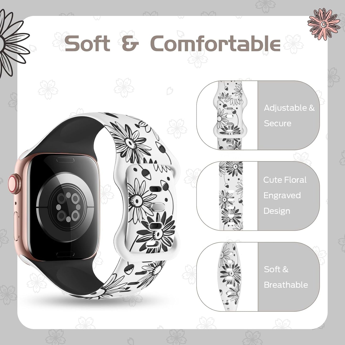 Designer Floral Engraved Band Compatible with Apple Watch Bands 40Mm 38Mm 41Mm 42/45/49Mm,Two-Tone Flower Soft Silicone Sport Strap for Iwatch Series 9 Ultra SE 8 7 6 5 4 3 2 Girl Black