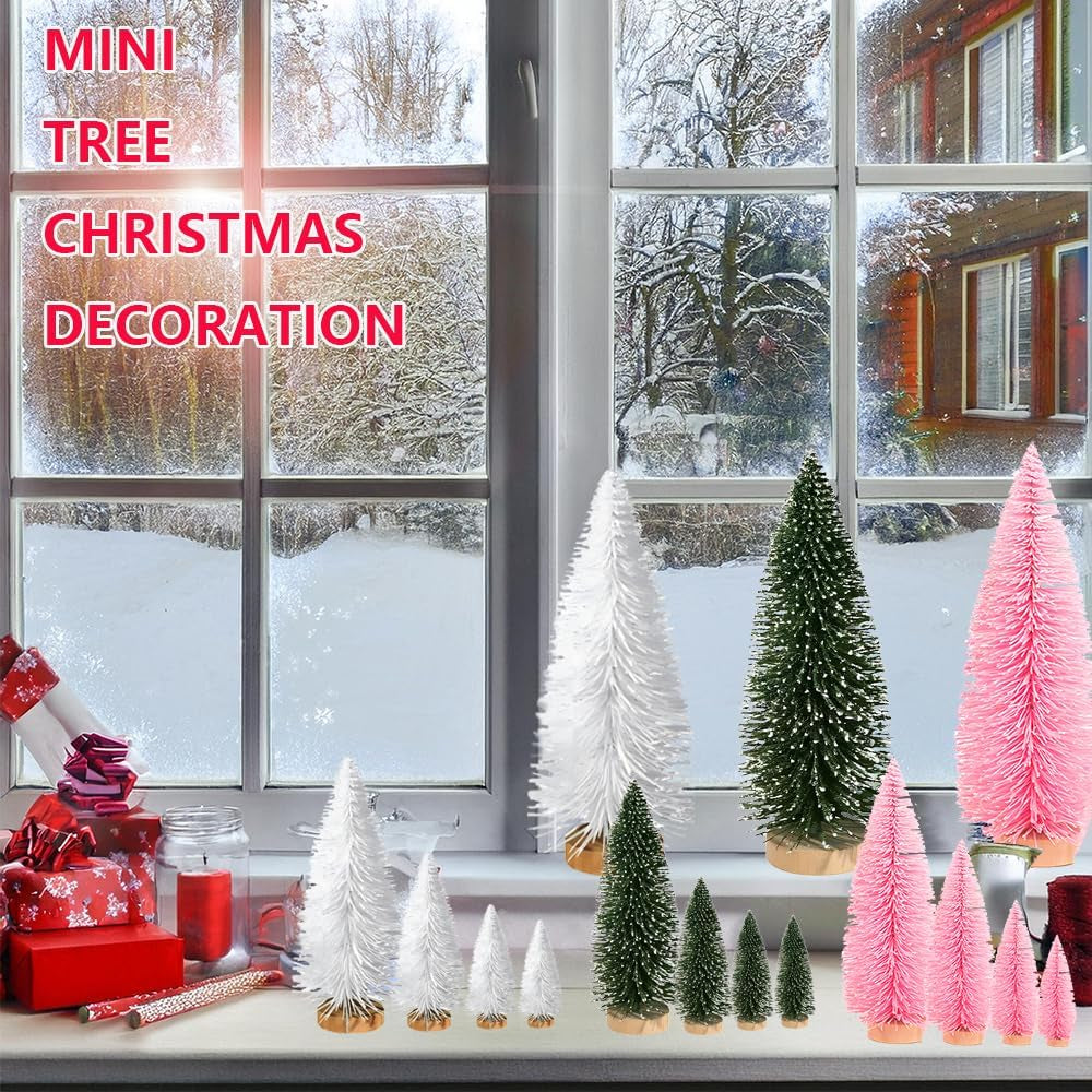 Artificial Mini Christmas Trees, 30 Pcs Sisal Snow Pines in 5 Sizes, Crafting Displaying Decoration, Tabletop Xmas Tree for Home, Party (Pink/White/Green)