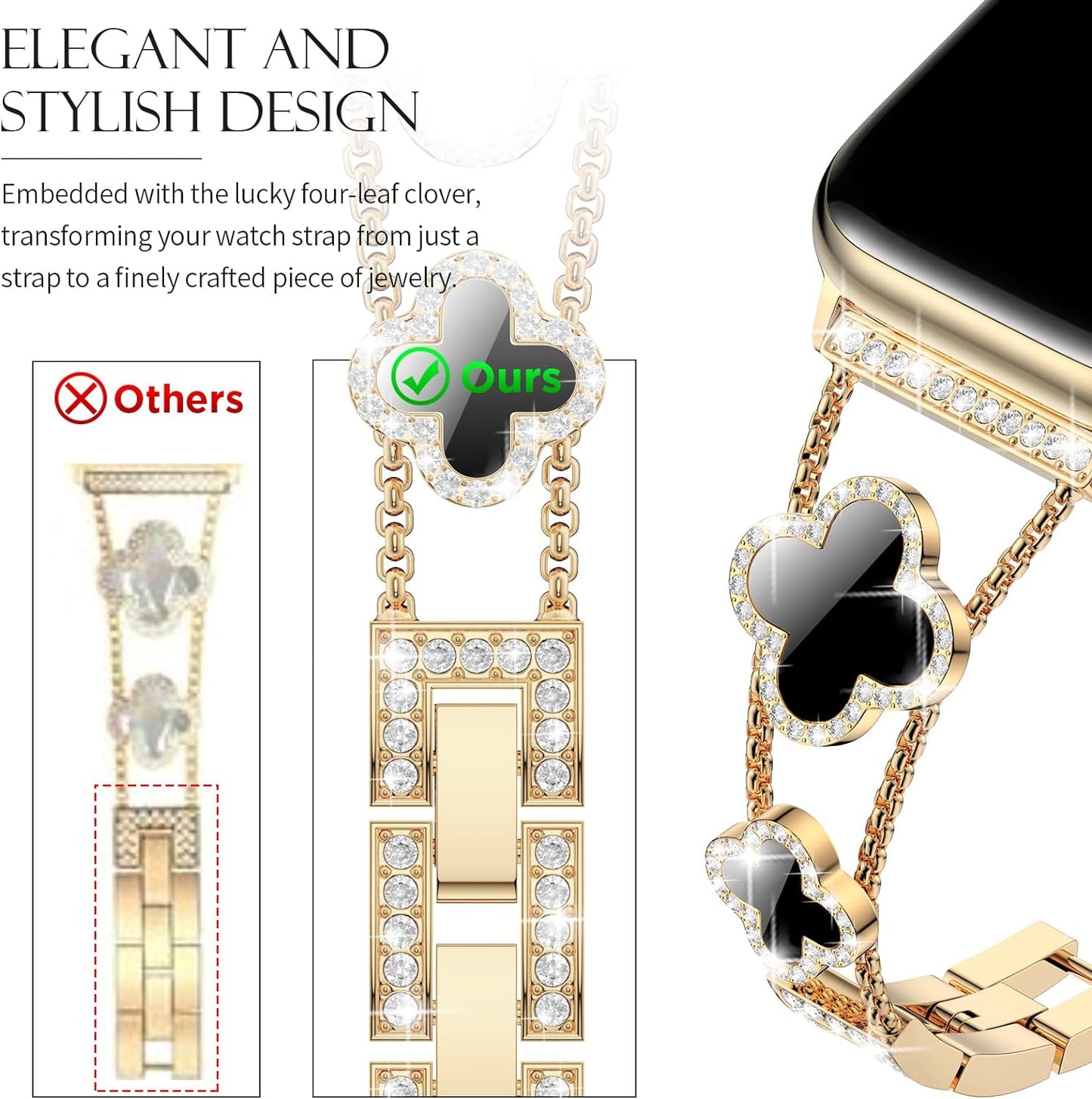 Bling Womens Band Compatible with Apple Watch Band 40Mm 41Mm 38Mm Series 9 8 7 6 5 4 3 2 1 SE, Sparkle Diamond Replacement Bracelet Wristband, Cute Lucky Clover Dressy Iwatch Band,Gold/Black