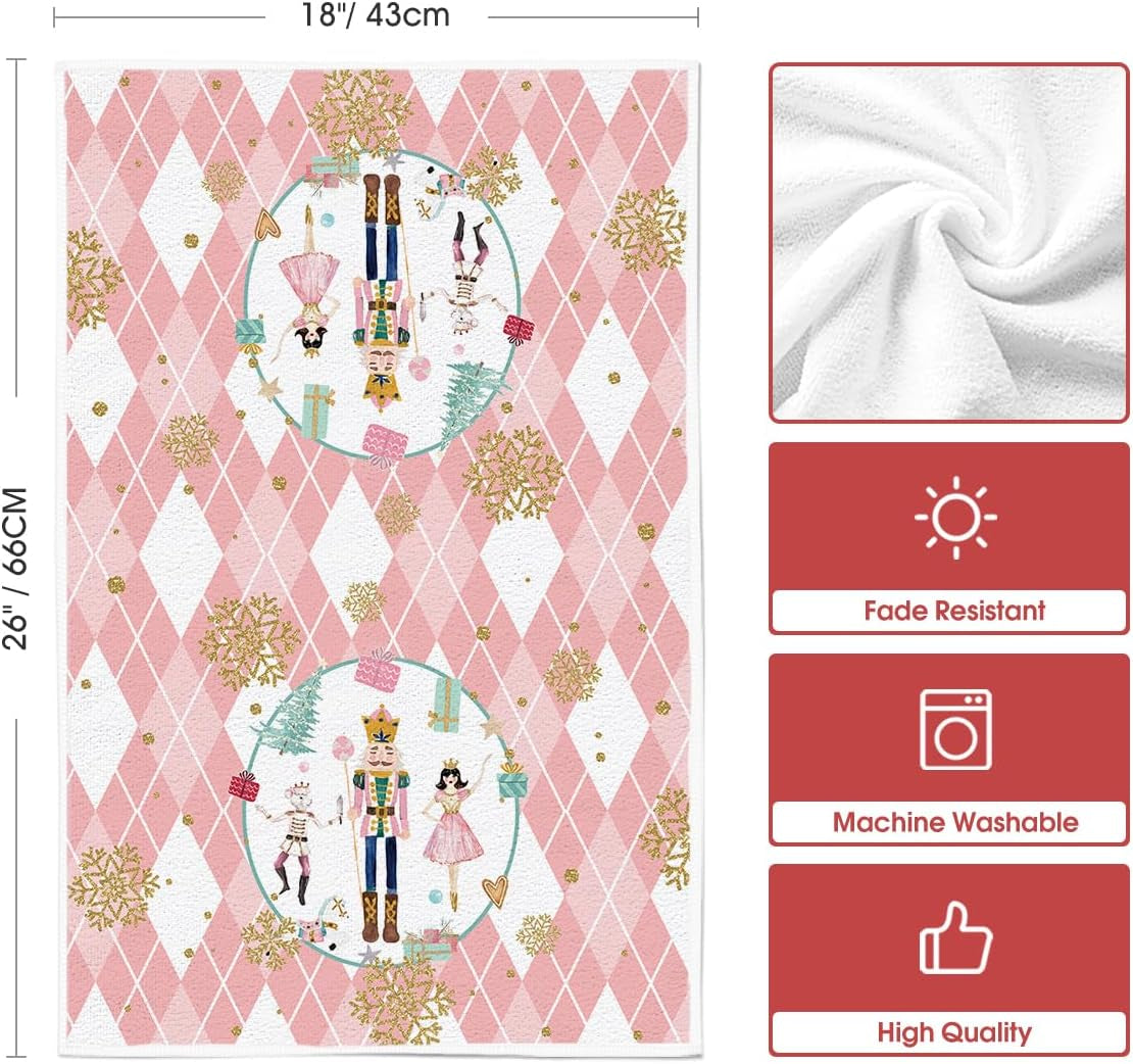 Pink Nutcrackers Tree Holly Jolly Merry Christmas Kitchen Towels Dish Towels, 18X26 Inch Seasonal Winter Xmas Decoration Hand Towels Set of 4